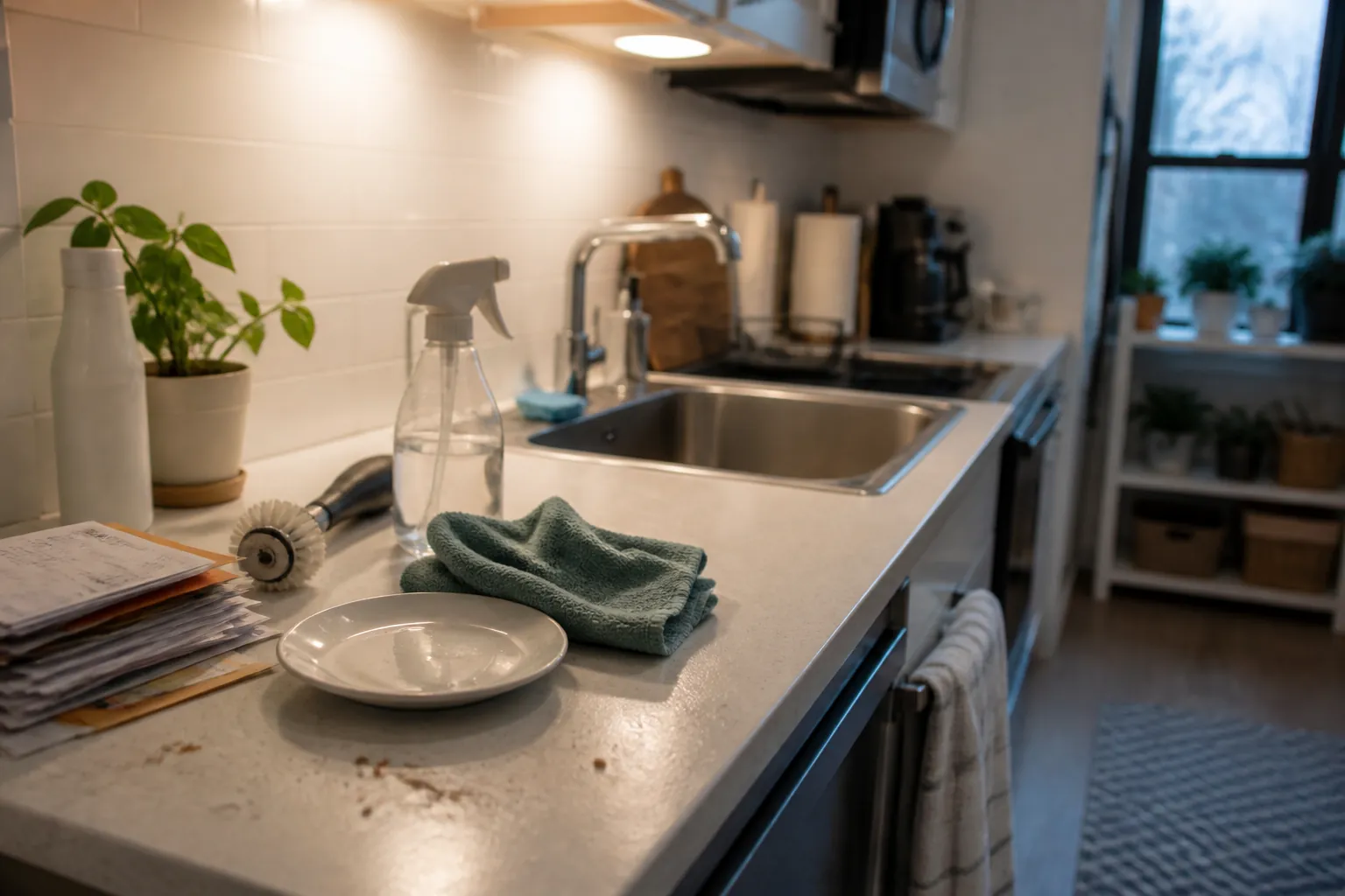 Quick kitchen counter reset for a small space cleaning routine