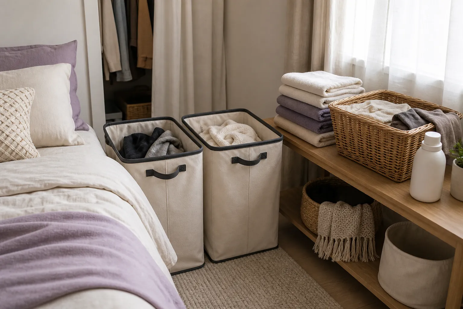Compact laundry hamper system for a small apartment cleaning routine