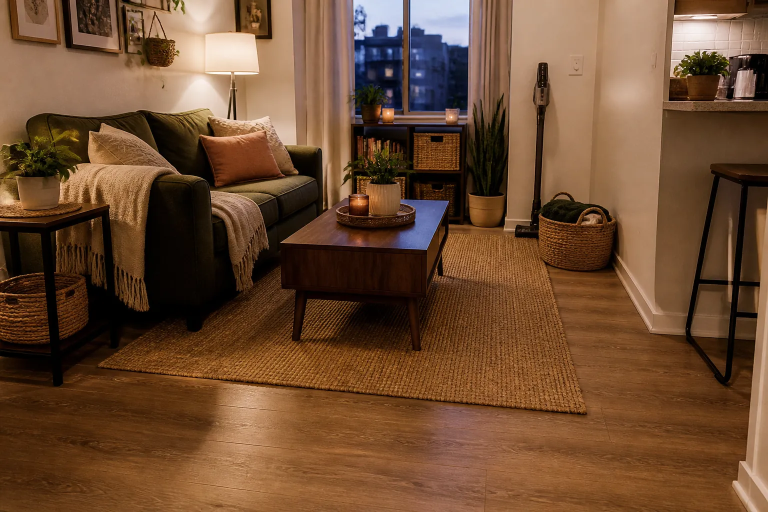 Tidy small living room after a quick floor and surface reset