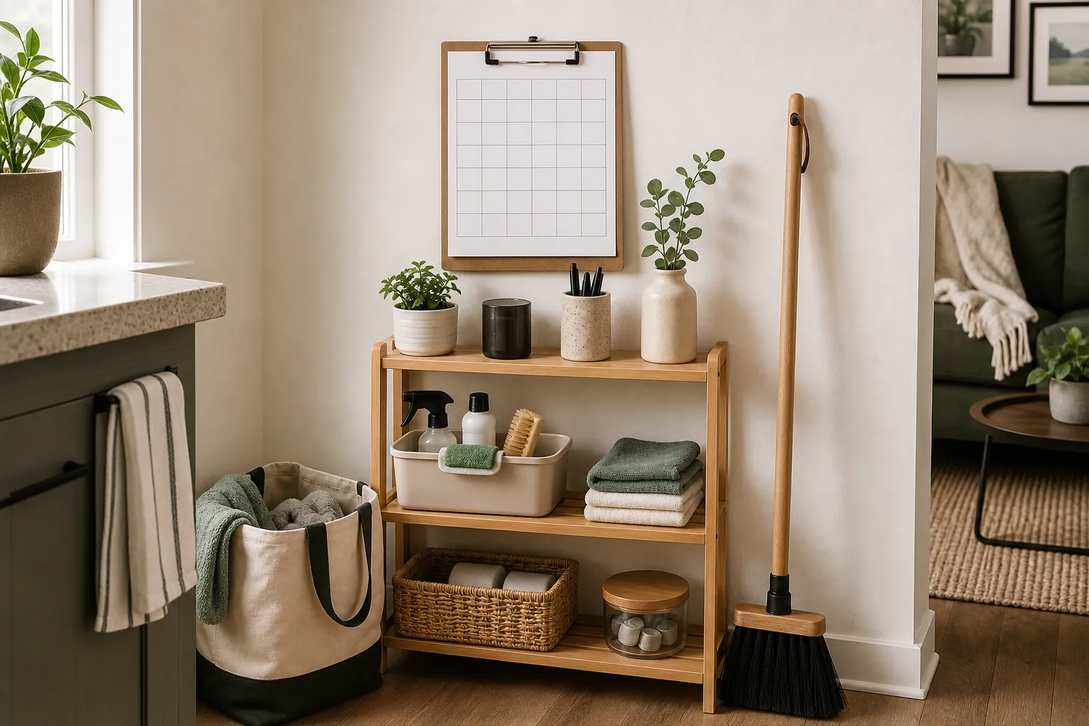 Small home cleaning schedule station with caddy and tidy shelves