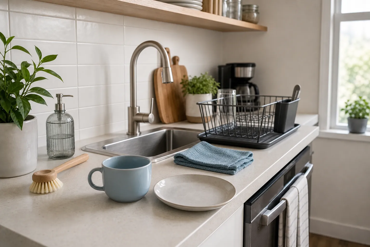 One touch kitchen sink reset for small apartment cleaning