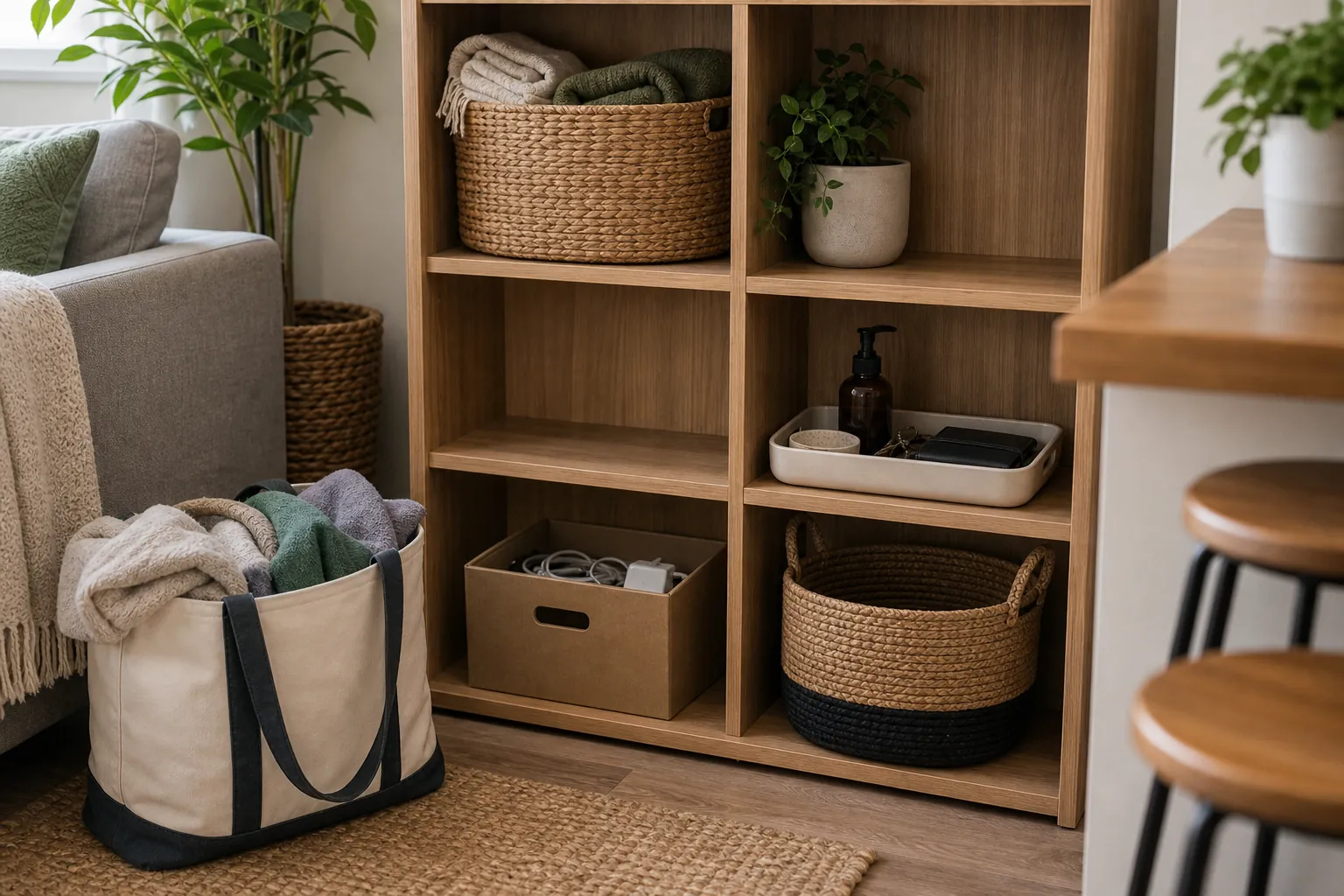 Storage limit basket for decluttering a small apartment