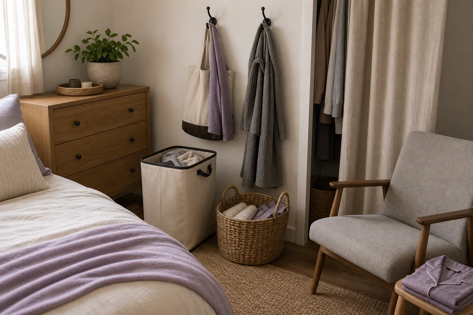 Small bedroom laundry system that prevents clothing piles