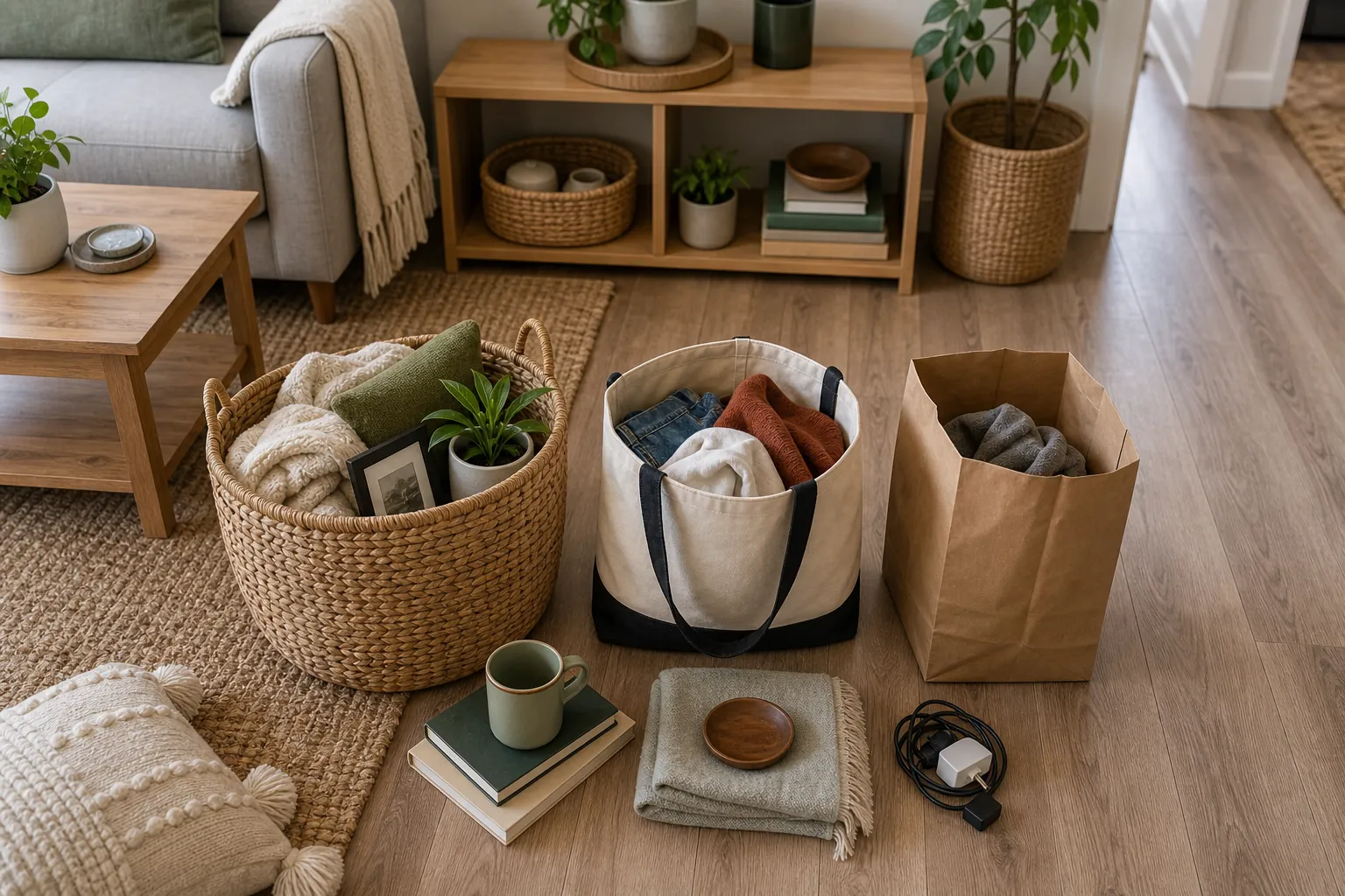 Decluttering sorting station with keep donate and trash containers