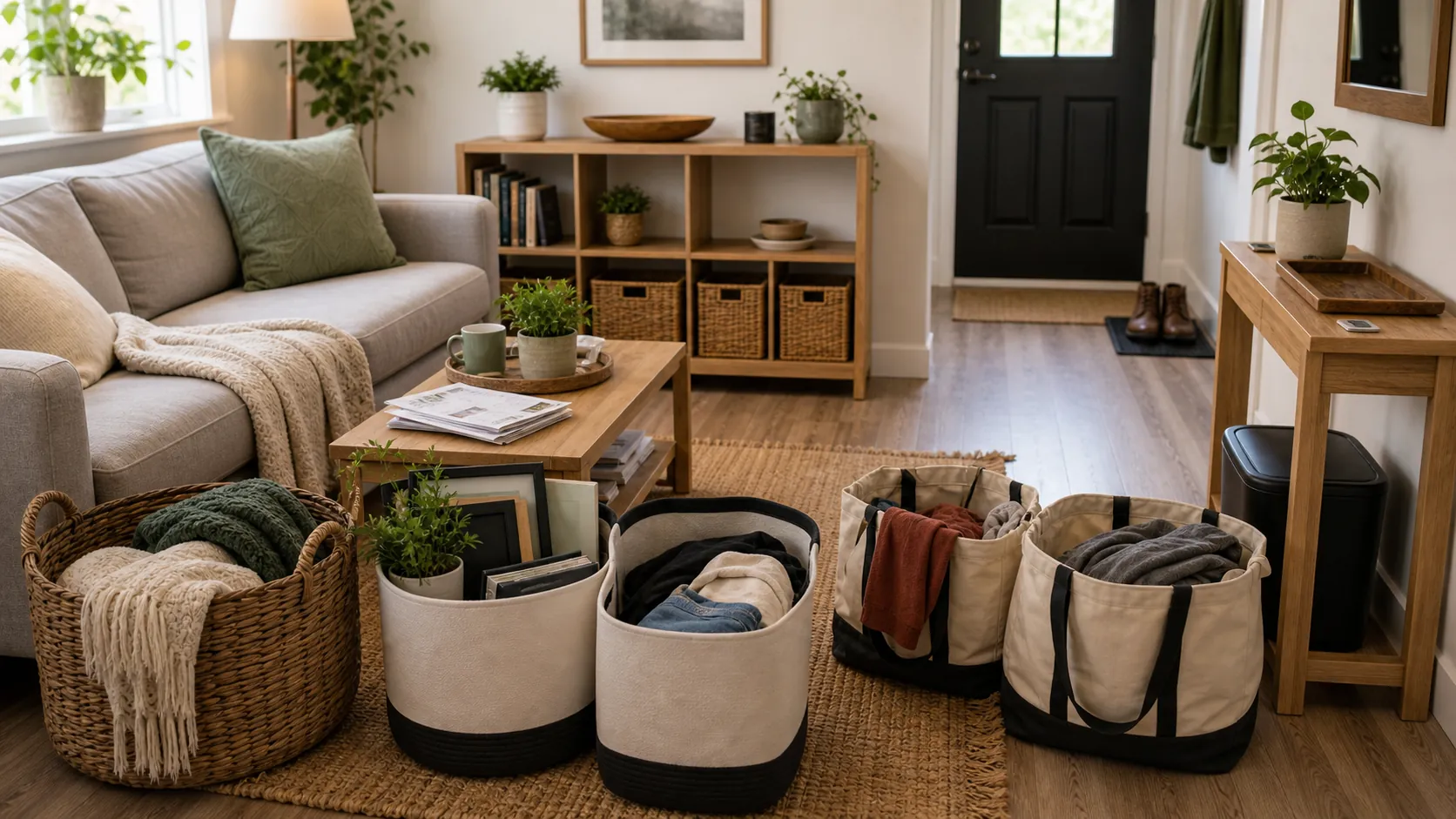 Small home decluttering checklist with baskets and donation bags