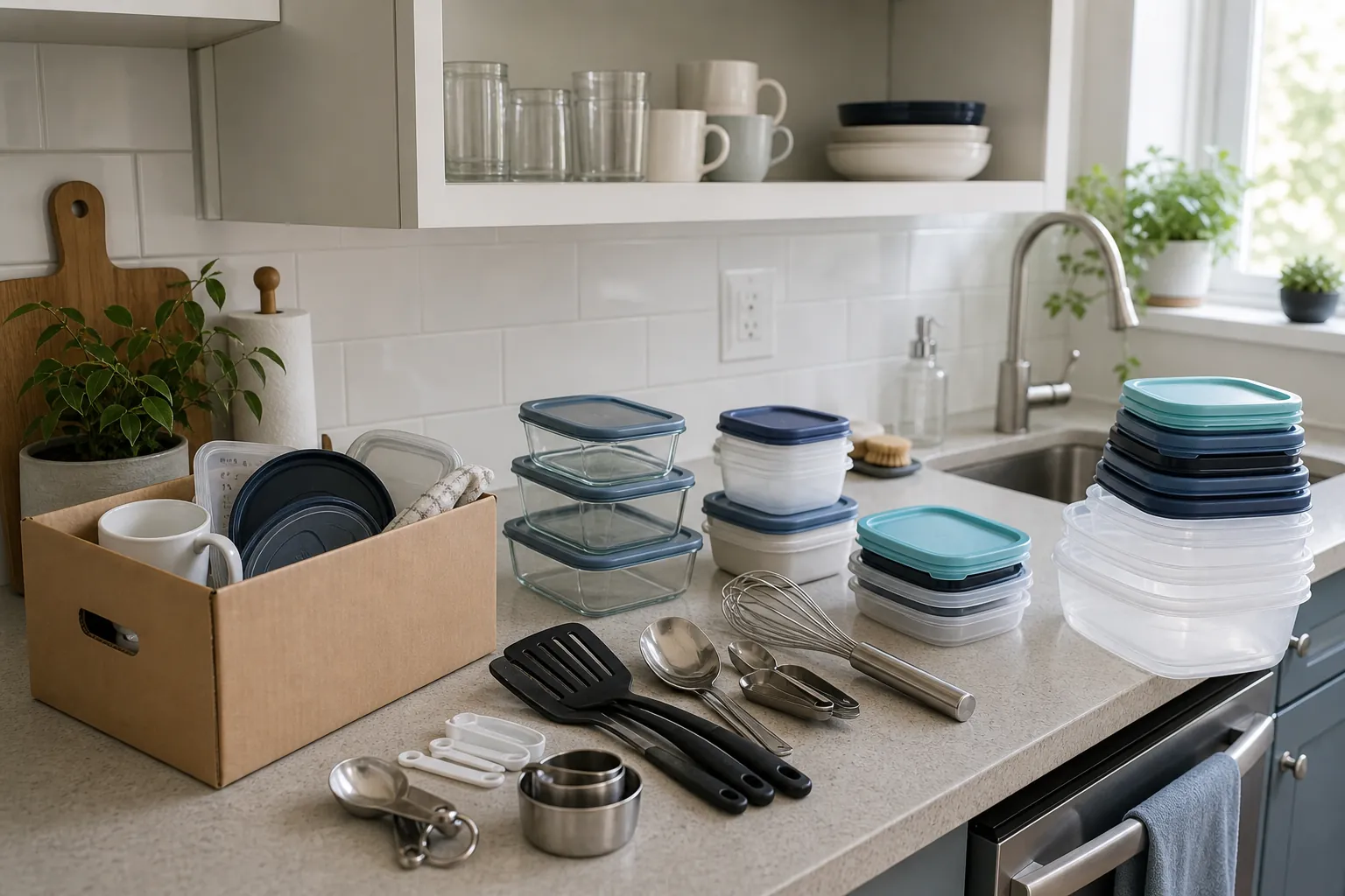 Kitchen duplicate containers and utensils sorted for decluttering