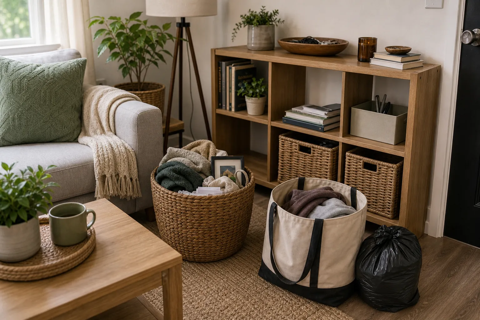 Small home decluttering starting zone with baskets and donation bags