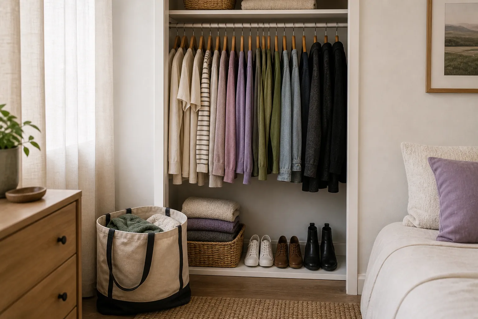 Small closet clothing edit with slim hangers and donation bag