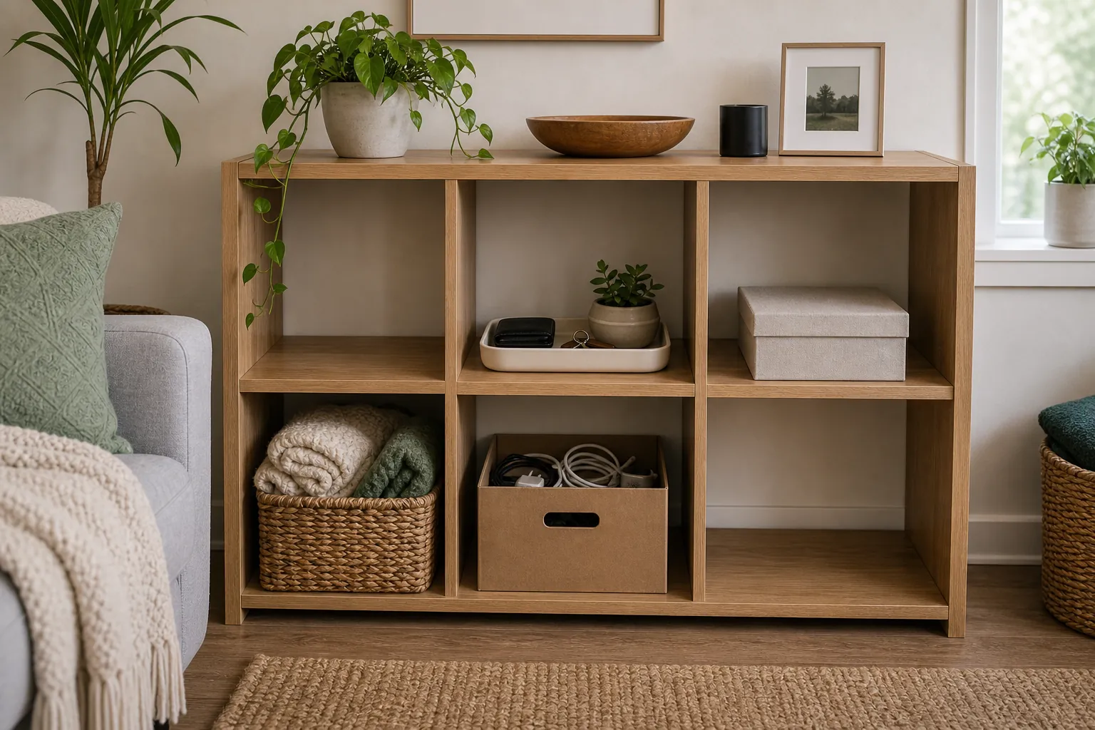 Open shelves with storage limits for clutter control in a small home