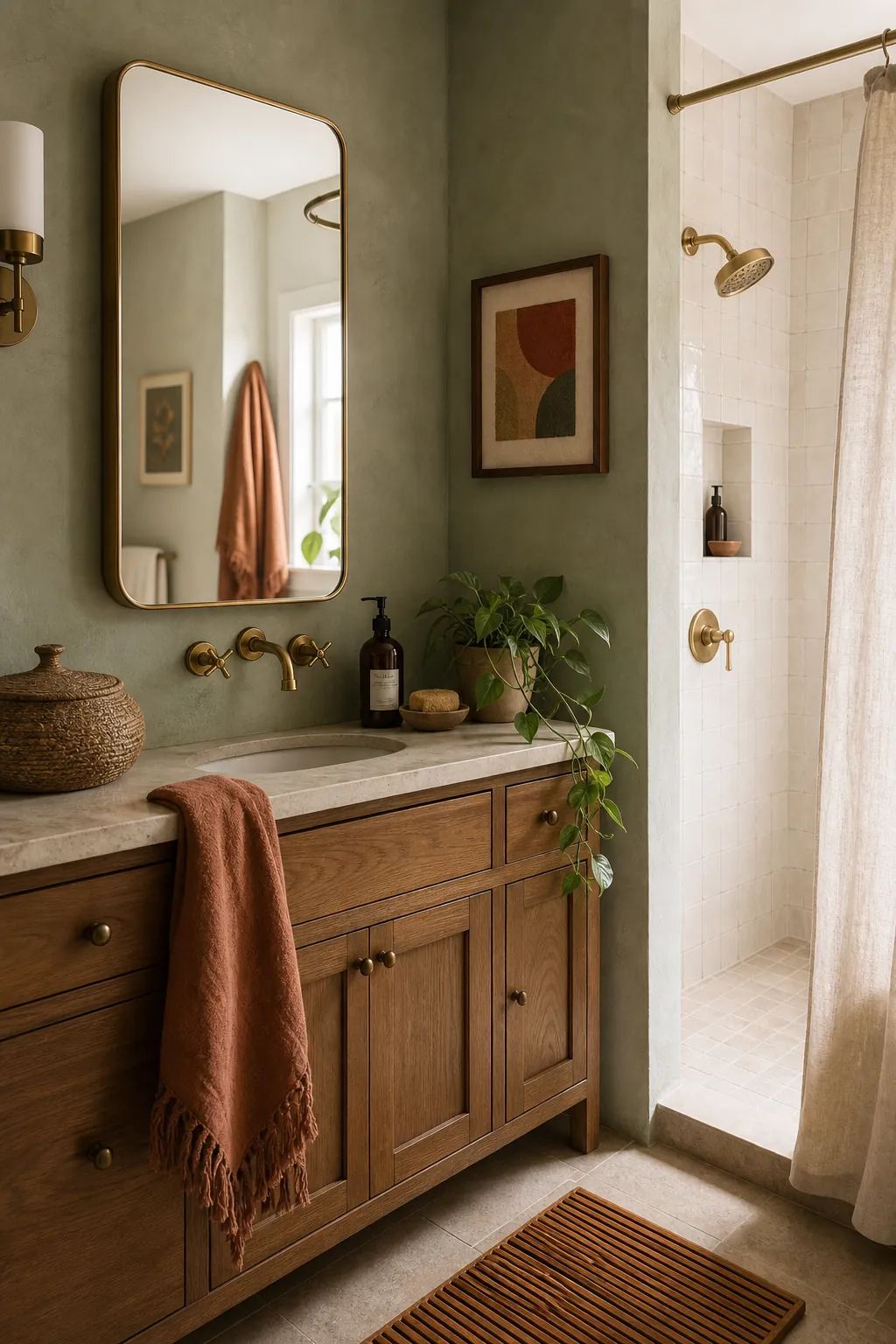Boho bathroom color schemes with clay tile, sage walls, woven baskets, and warm wood accents
