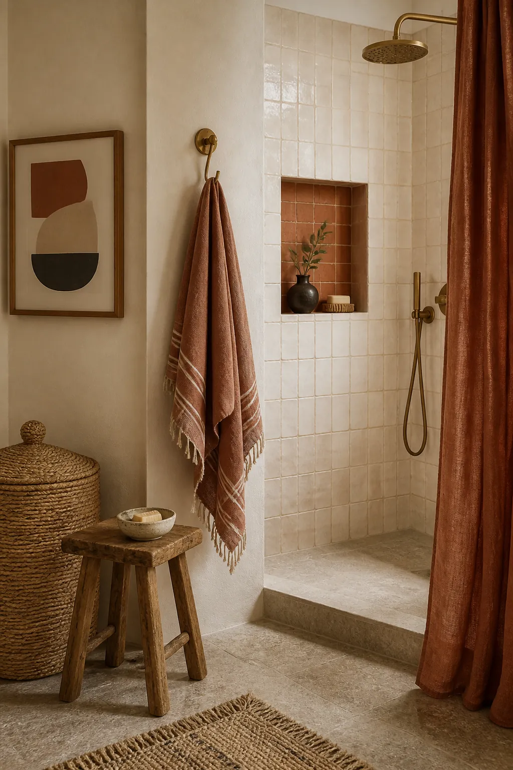 Terracotta and rust boho bathroom accents with clay tile, linen curtain, and brass details