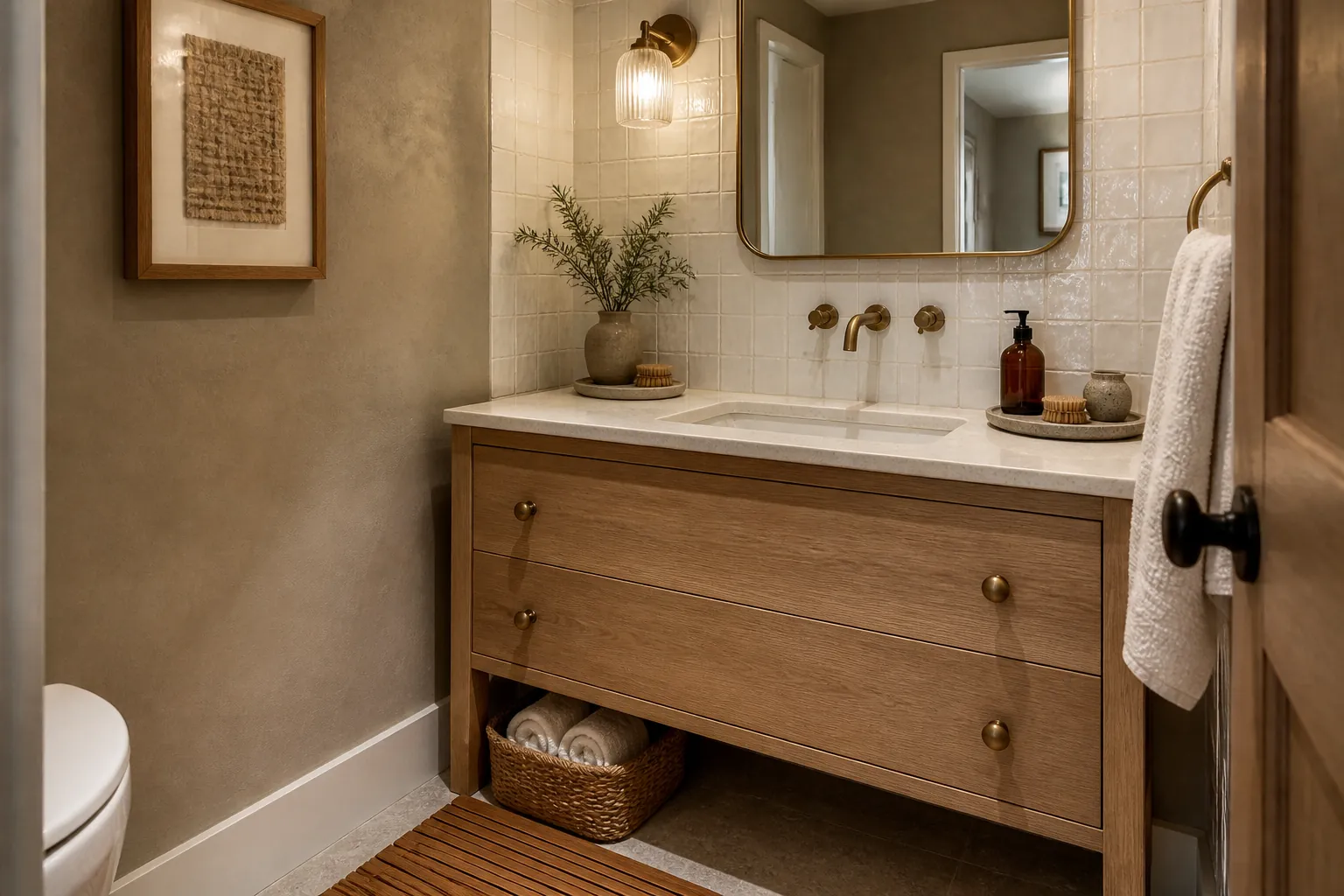 Warm neutral boho bathroom palette with cream tile, oak vanity, taupe walls, and woven texture