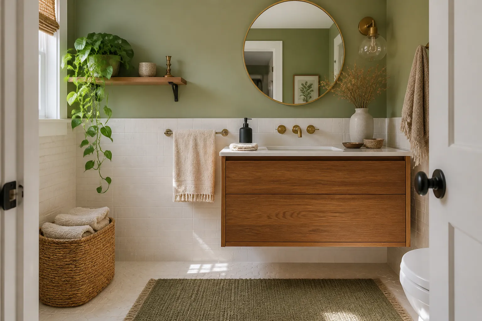 Sage green boho bathroom palette with wood vanity, white tile, plants, and brass accents