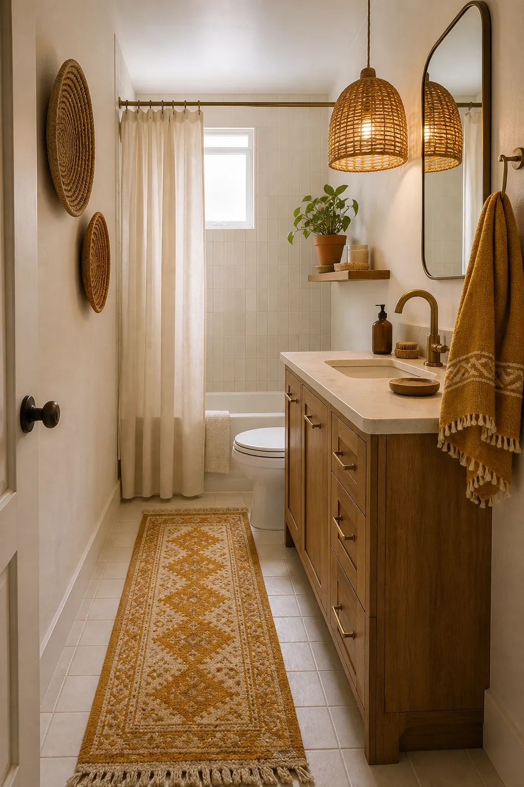 Mustard and ochre boho guest bathroom with woven pendant, patterned runner, and warm white tile