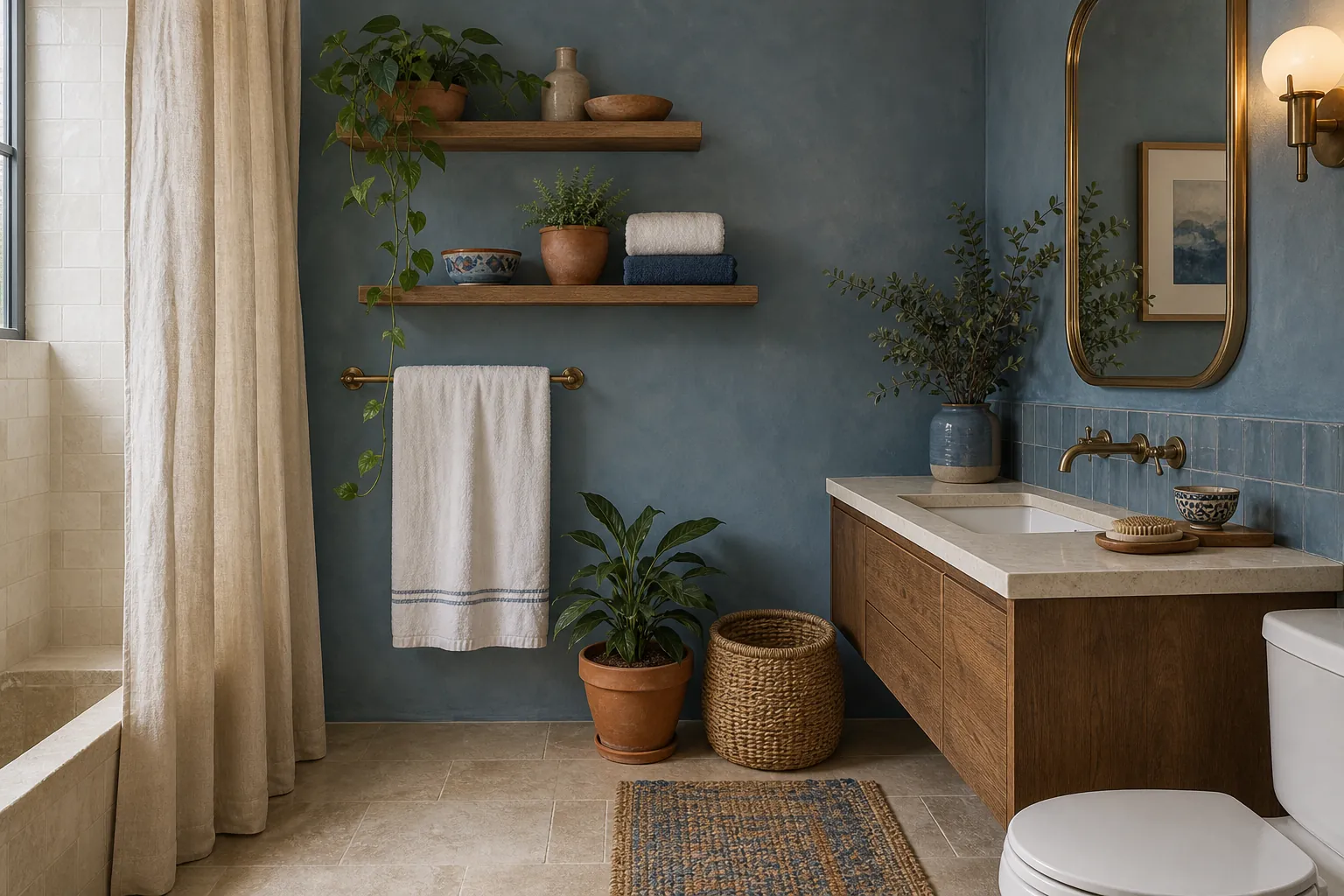 Blue boho bathroom palette with sandy tile, wood shelves, terracotta pots, and white towels