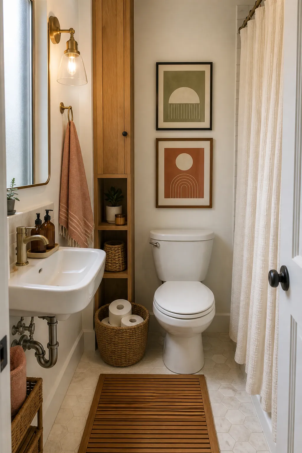 Small boho bathroom color palette with white fixtures, wood storage, blush towel, sage art, and woven basket