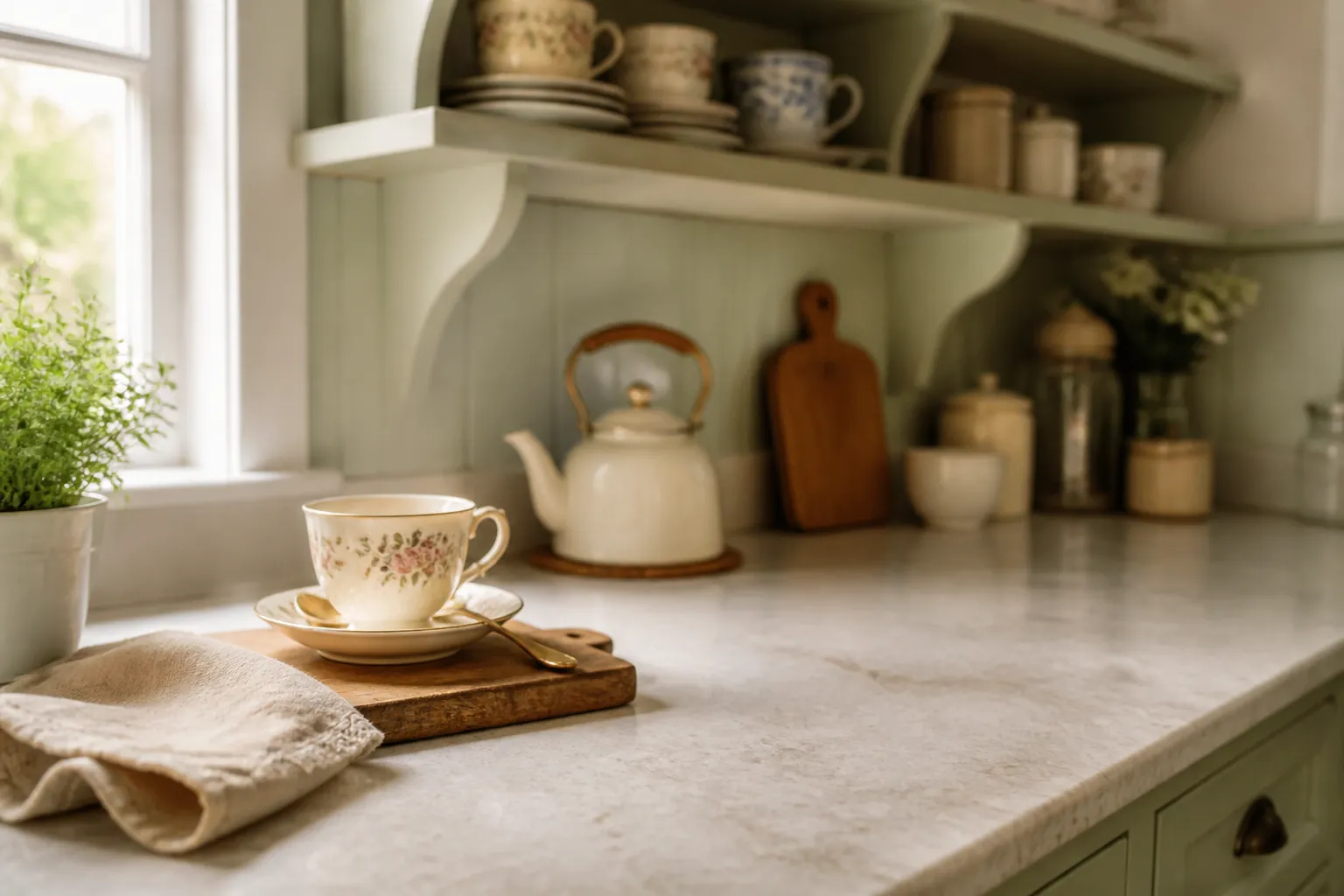Clear kitchen counter below open shelves with one vintage teacup vignette