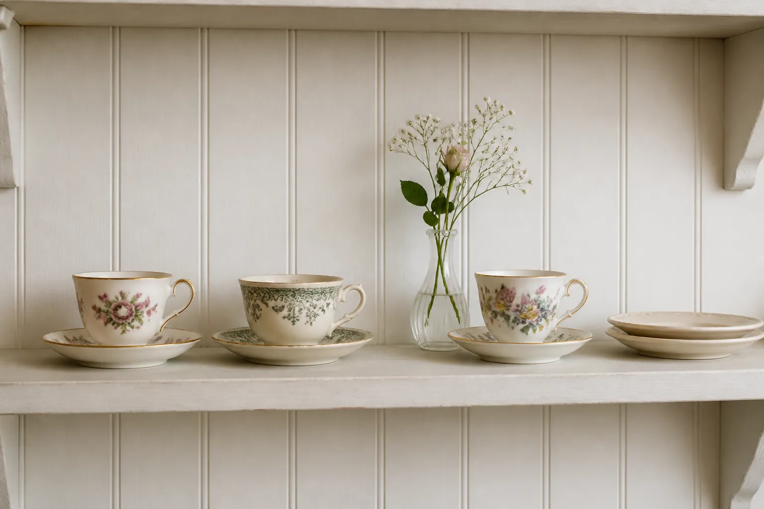 Edited open shelf with a small number of vintage teacups and saucers
