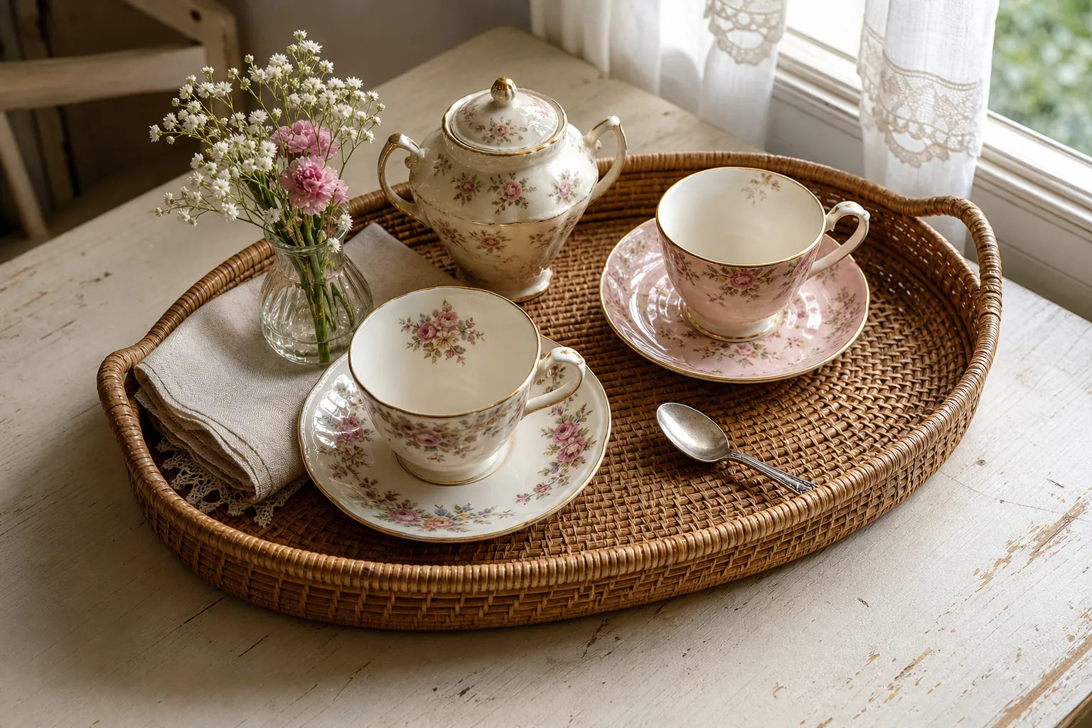 Vintage teacup tray vignette grouped on a small kitchen table