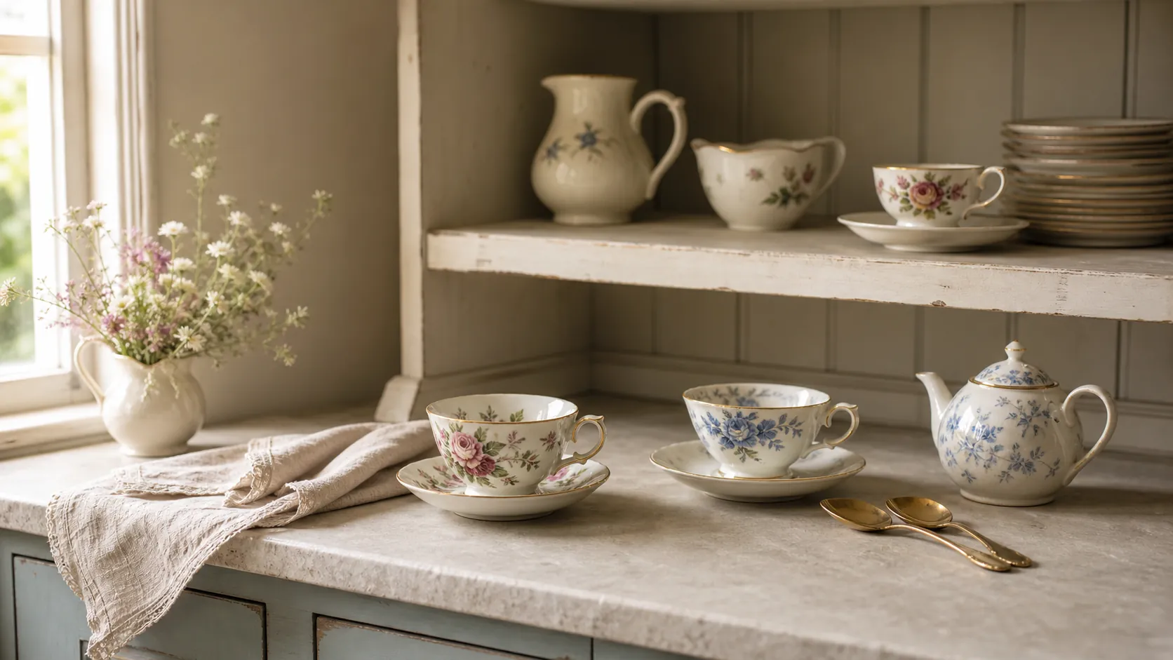 Clutter free vintage teacup display on a warm cottage kitchen shelf