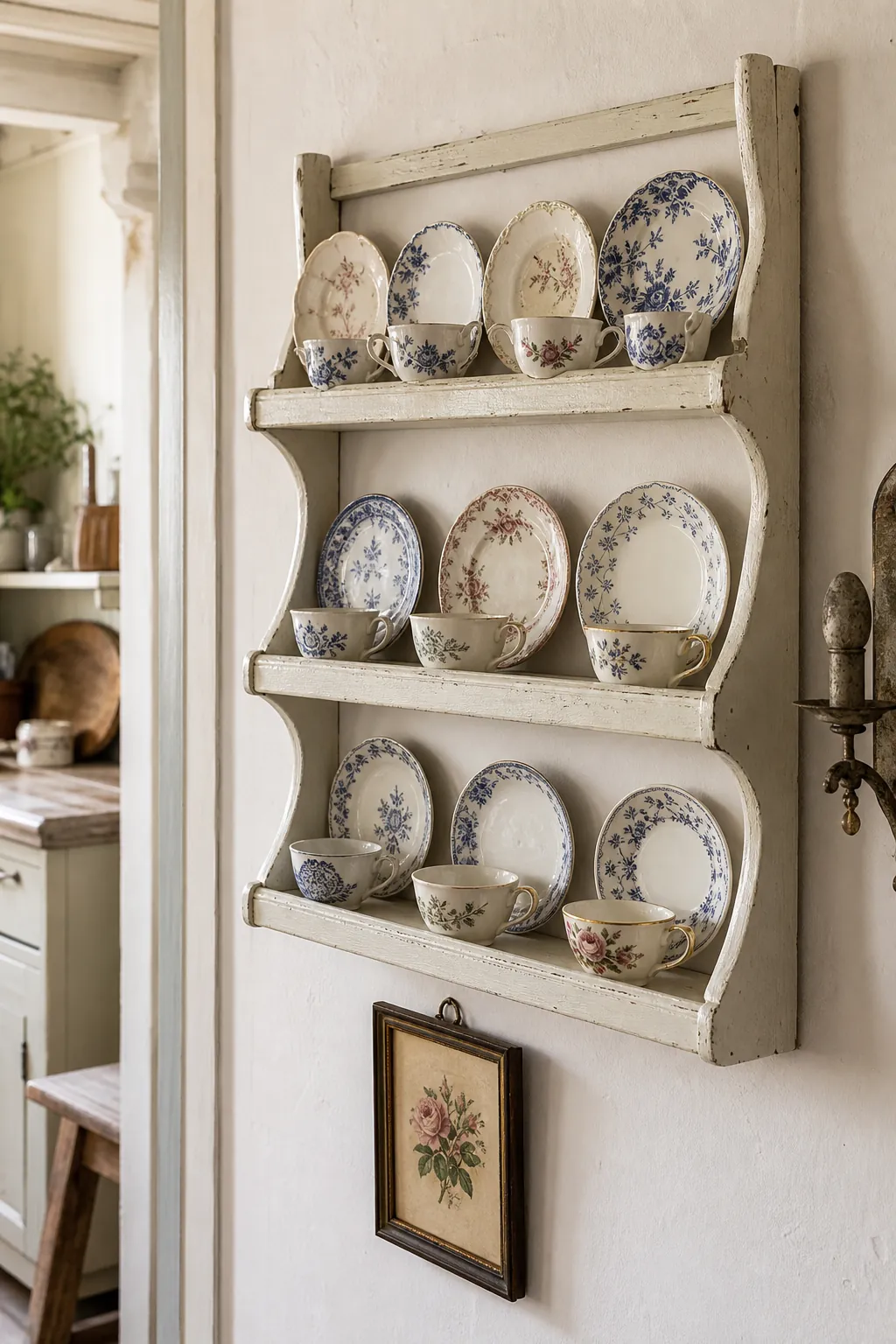 Wall mounted shallow shelf displaying vintage teacups and saucers