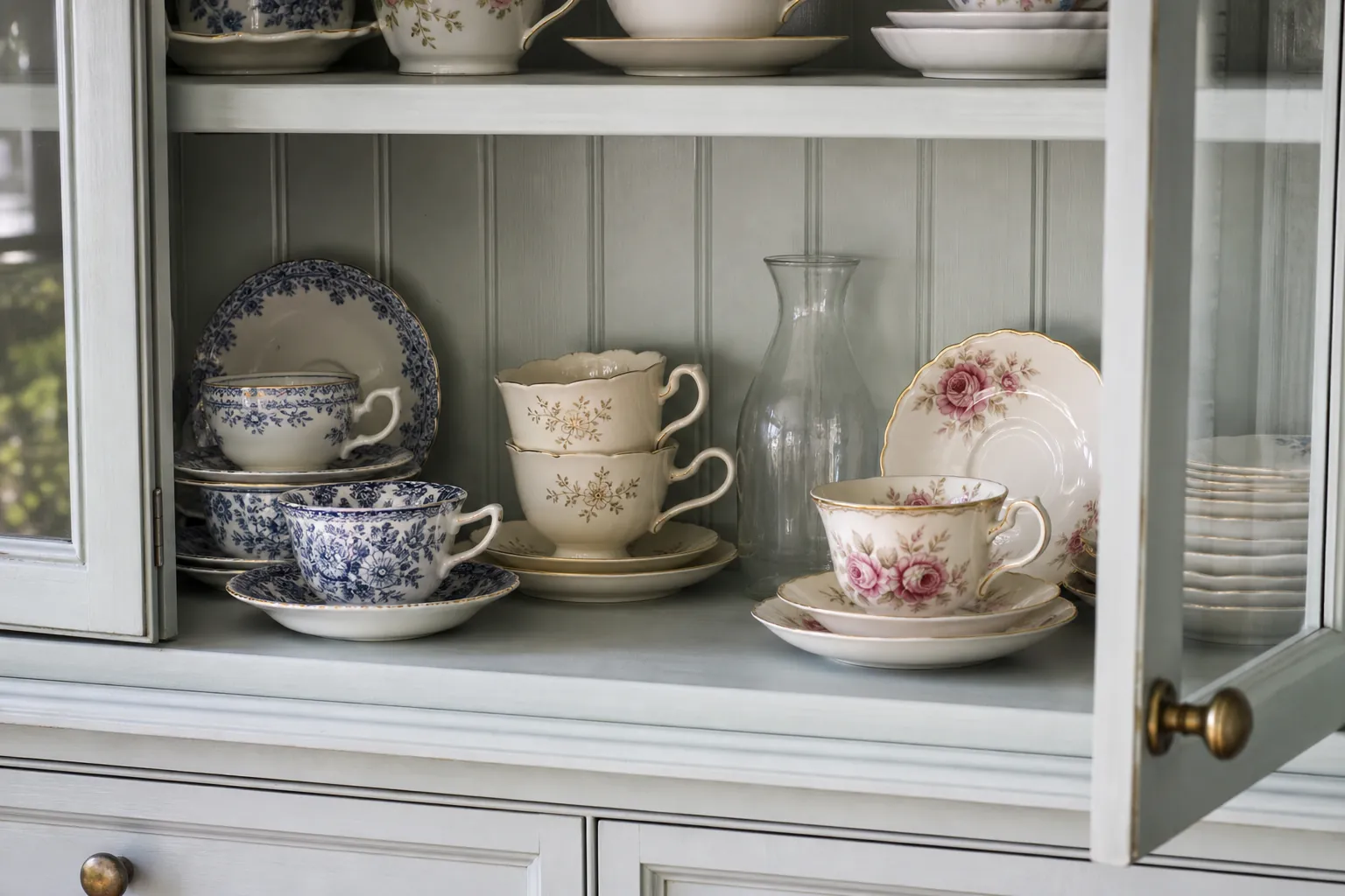 Vintage teacups styled by color family for a cohesive display