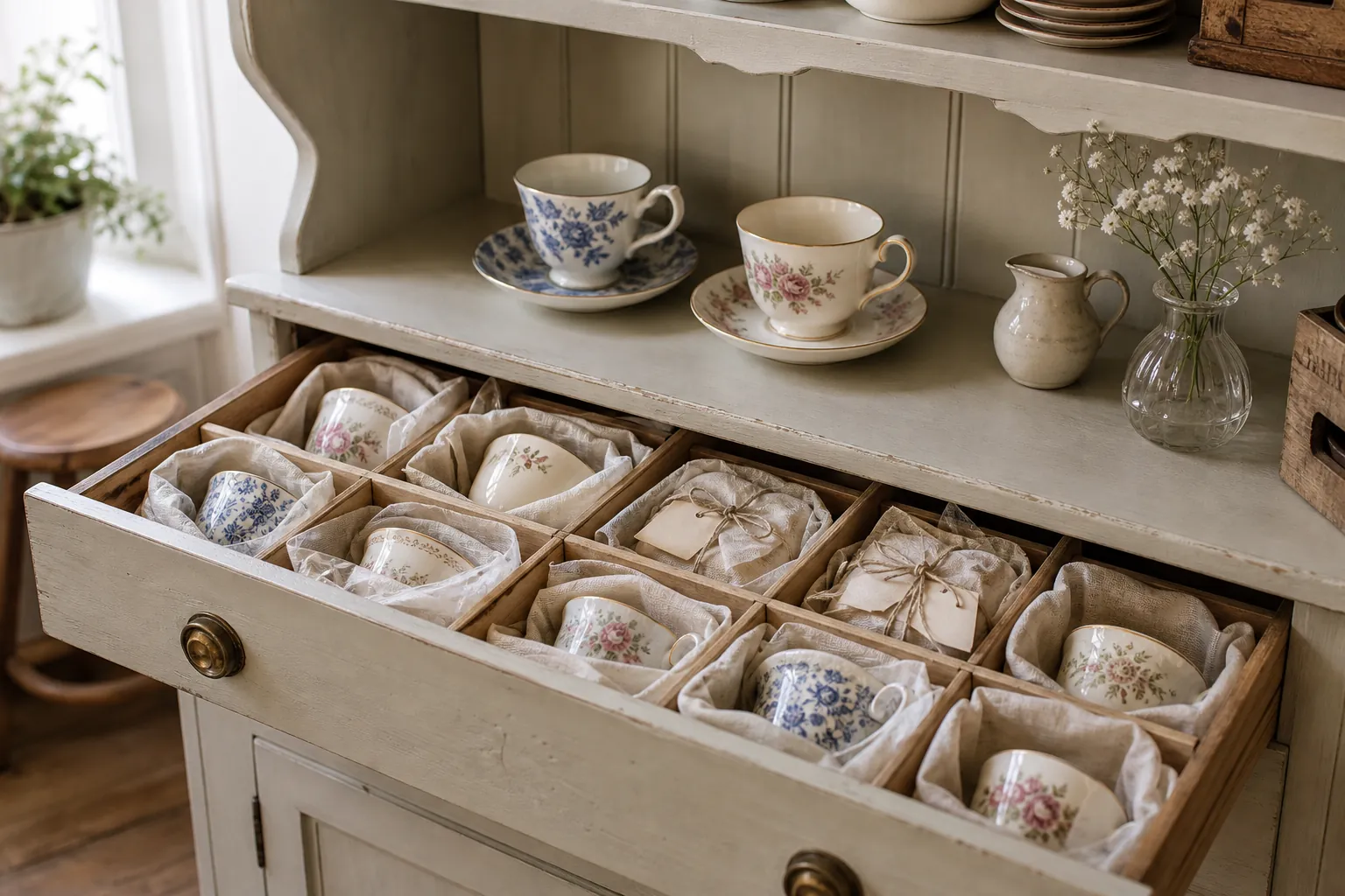 Stored vintage teacups ready for seasonal rotation