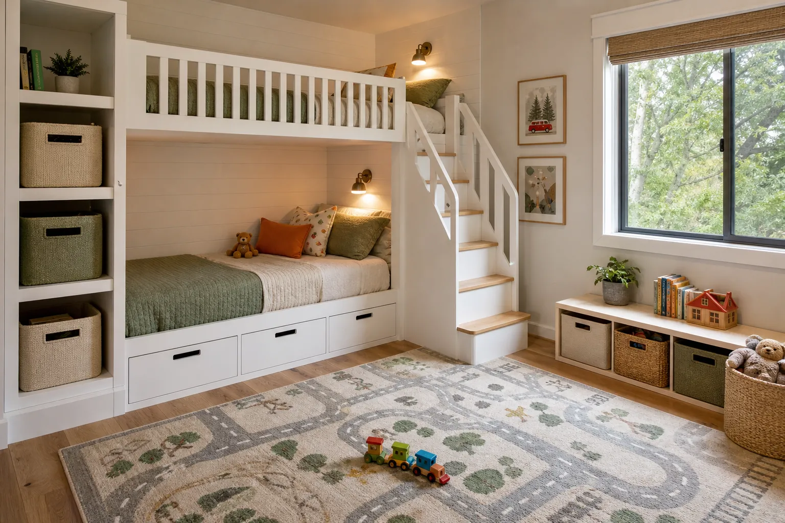 Compact bunk bed with drawers and open floor space in a small kids room