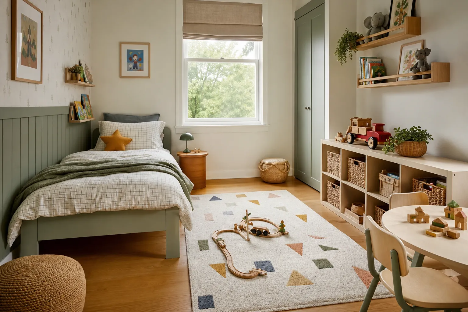 Small kids room with a compact bed, open floor play space, and organized toy storage