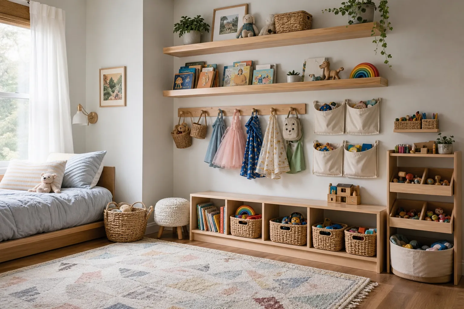 Wall shelves and hooks used for toy storage in a small kids room
