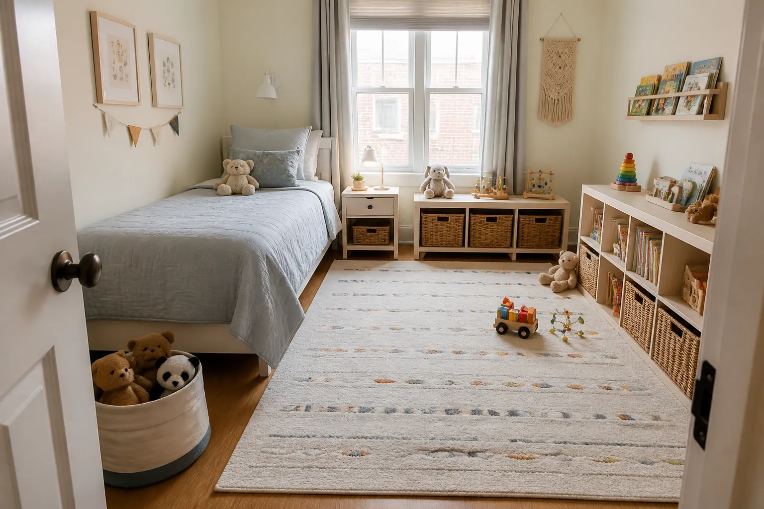 Small kids bedroom with a bed along the wall and a clear play area in the middle