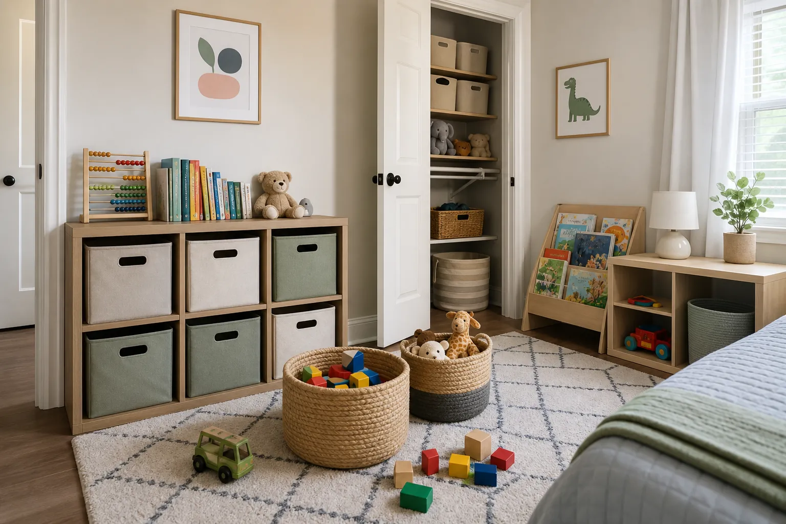 Toy rotation bins and cube storage in a small kids bedroom