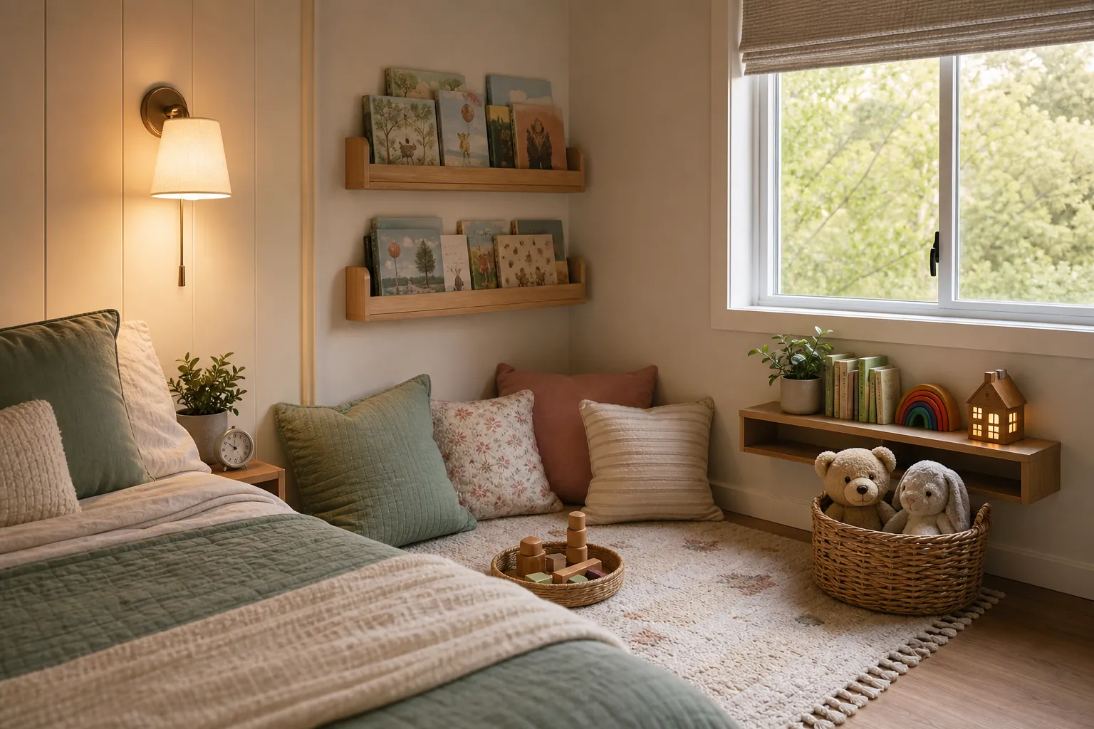 Small kids room reading corner with floor cushions and nearby toy storage