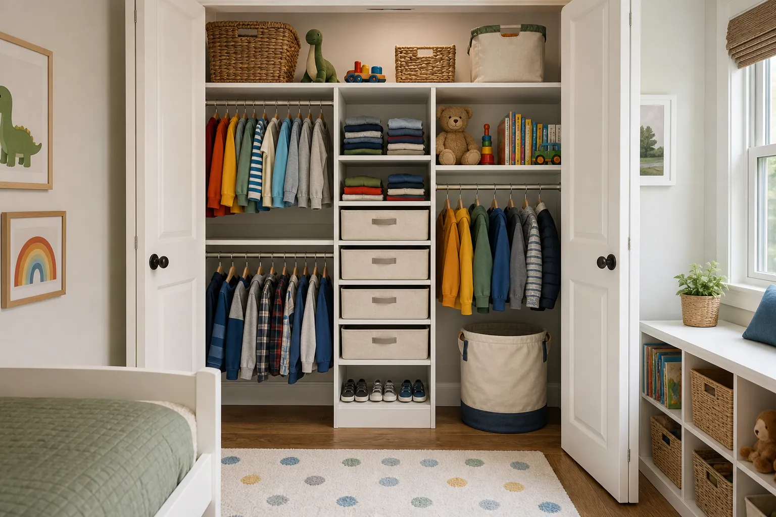 Organized small kids room closet with low rods, bins, and toy storage