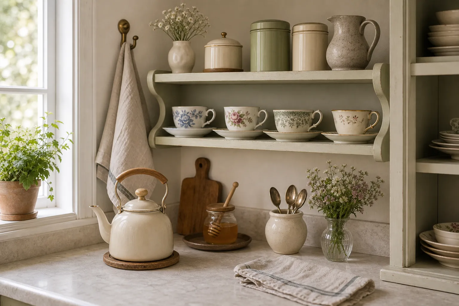 Functional cottage tea station with teacup shelf above