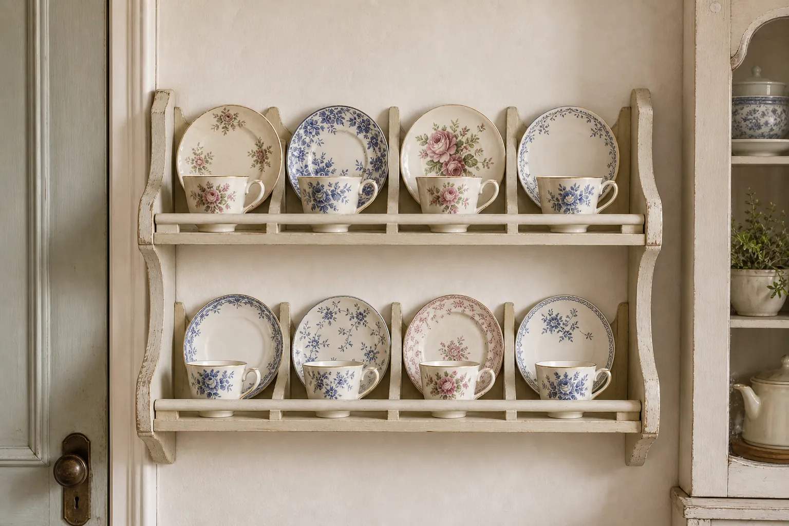 Plate groove teacup shelf with saucers displayed upright