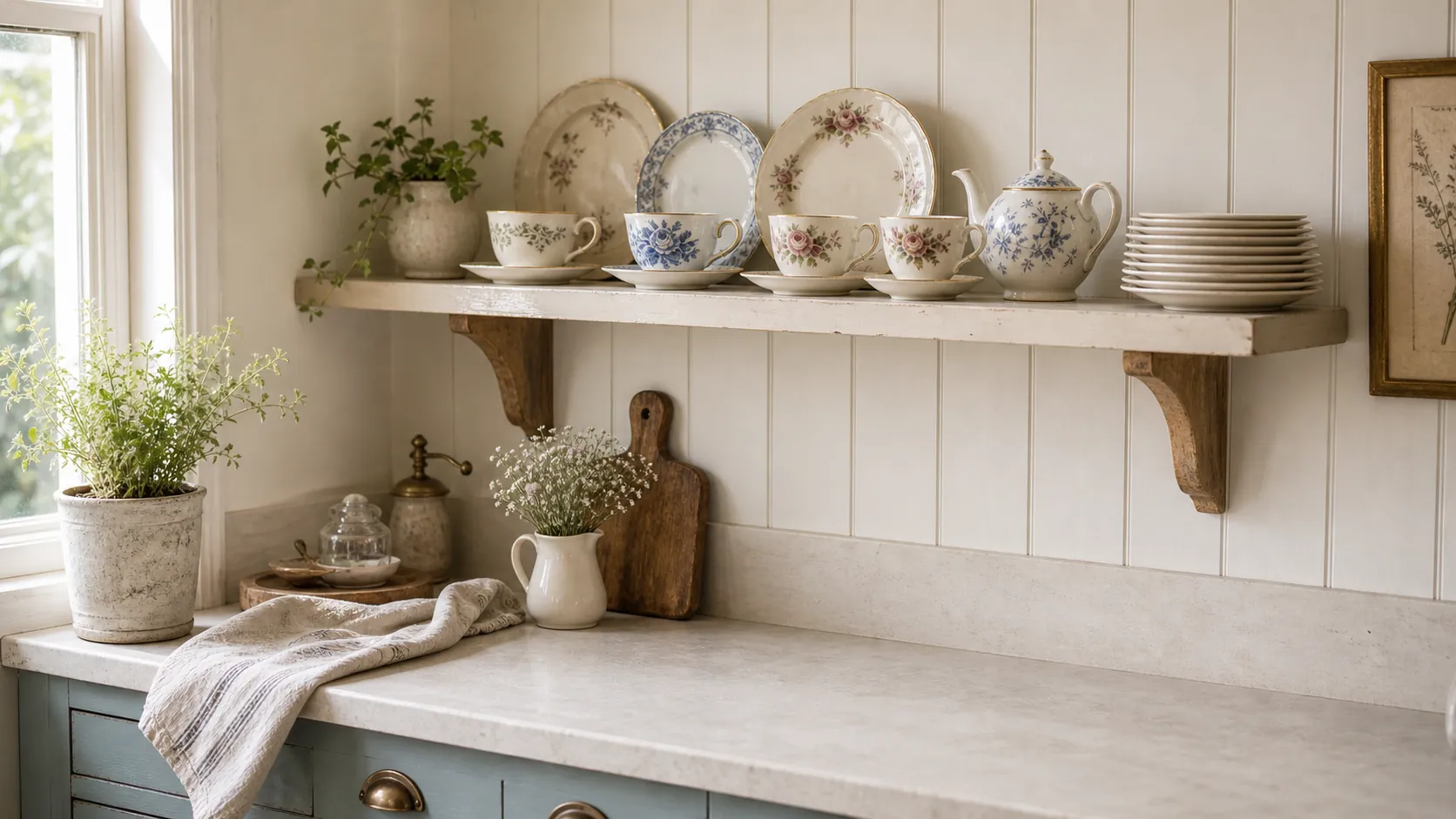 Cottage kitchen teacup shelf with vintage cups and open shelving