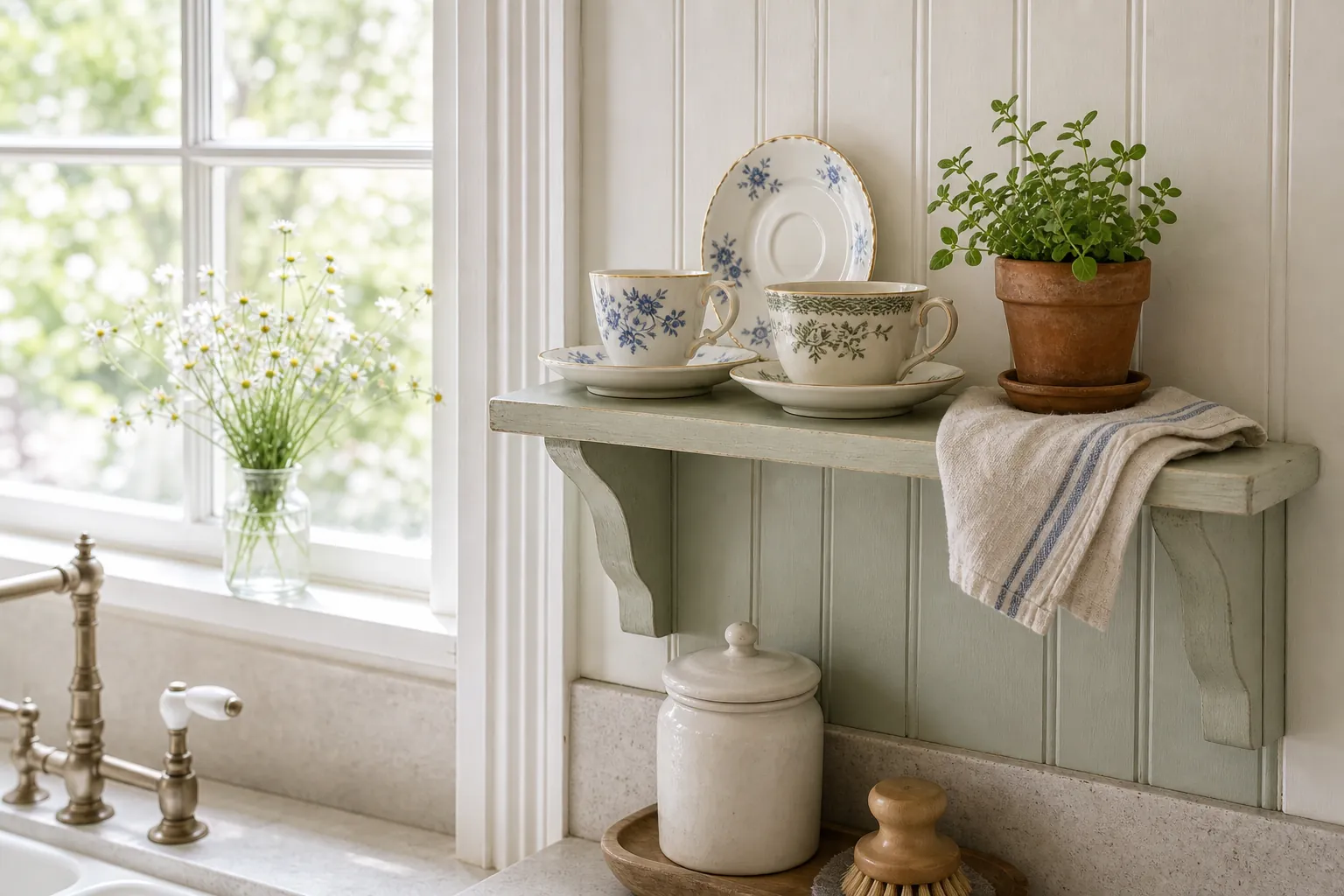 Small teacup shelf beside a cottage kitchen window