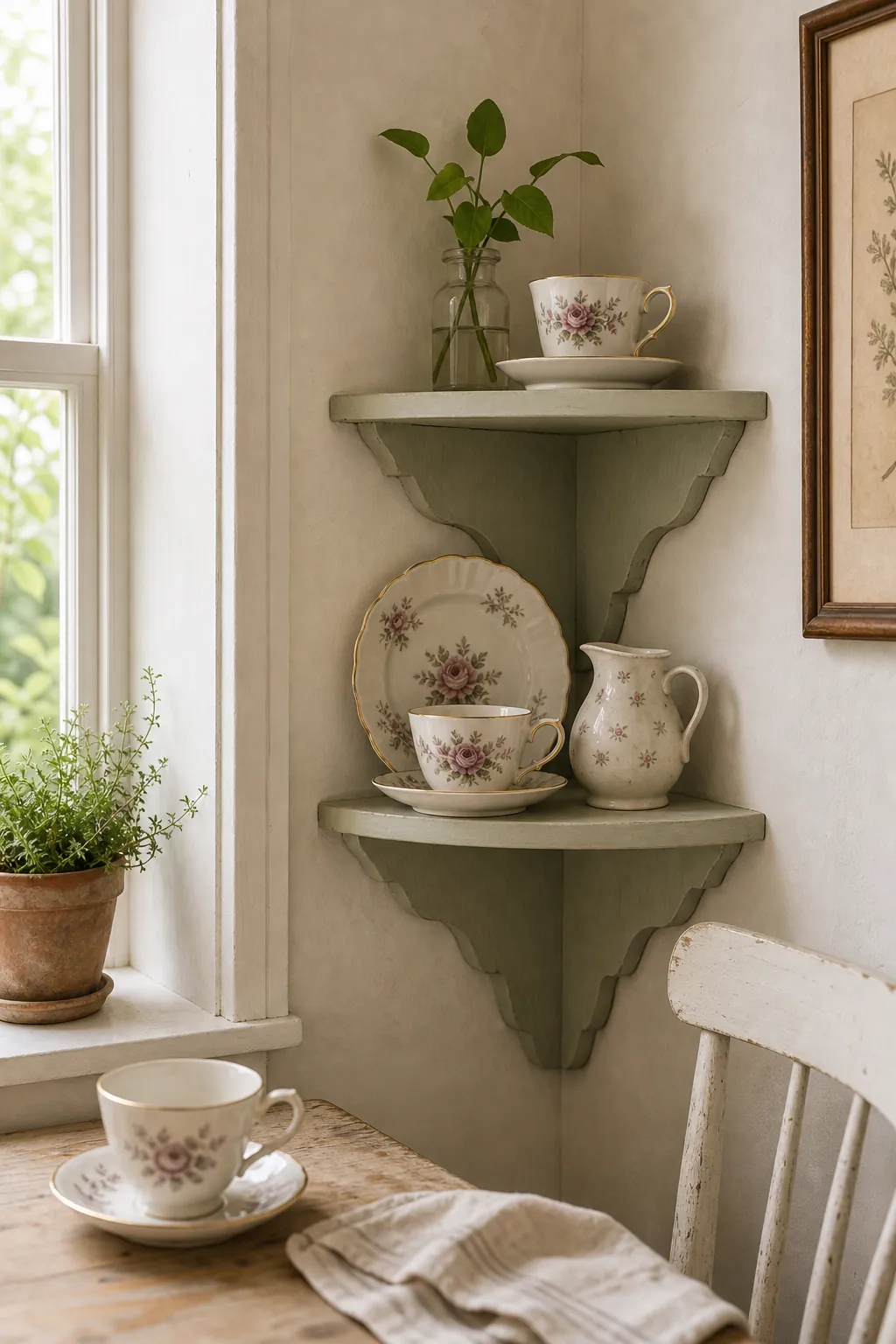 Corner nook teacup shelf in a small cottage kitchen