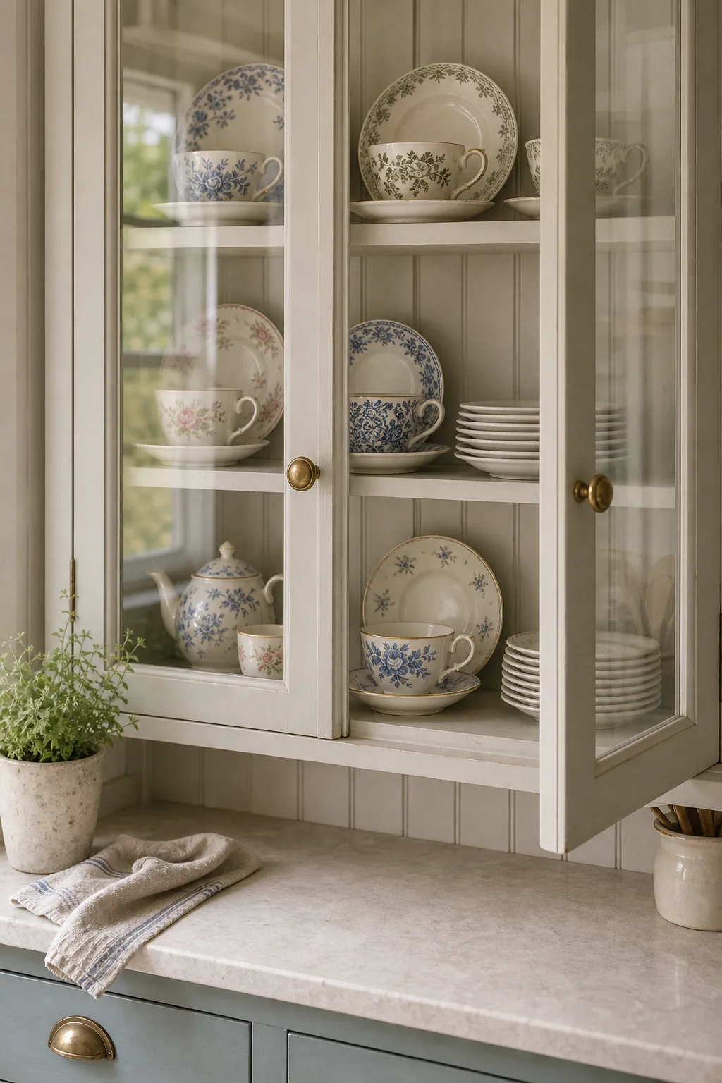 Glass front cabinet shelf displaying cottage kitchen teacups