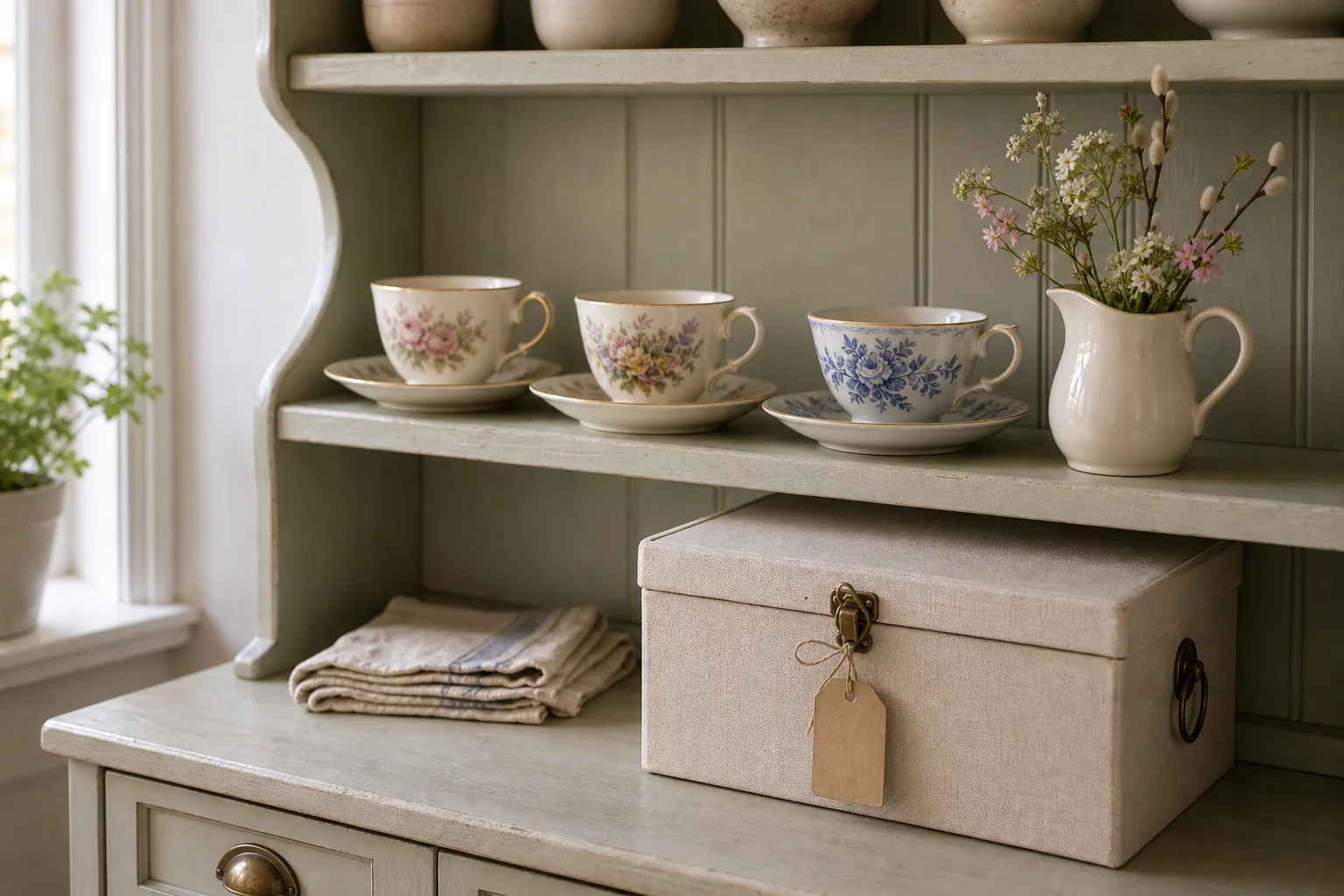 Seasonal cottage teacup shelf with a few rotated pieces
