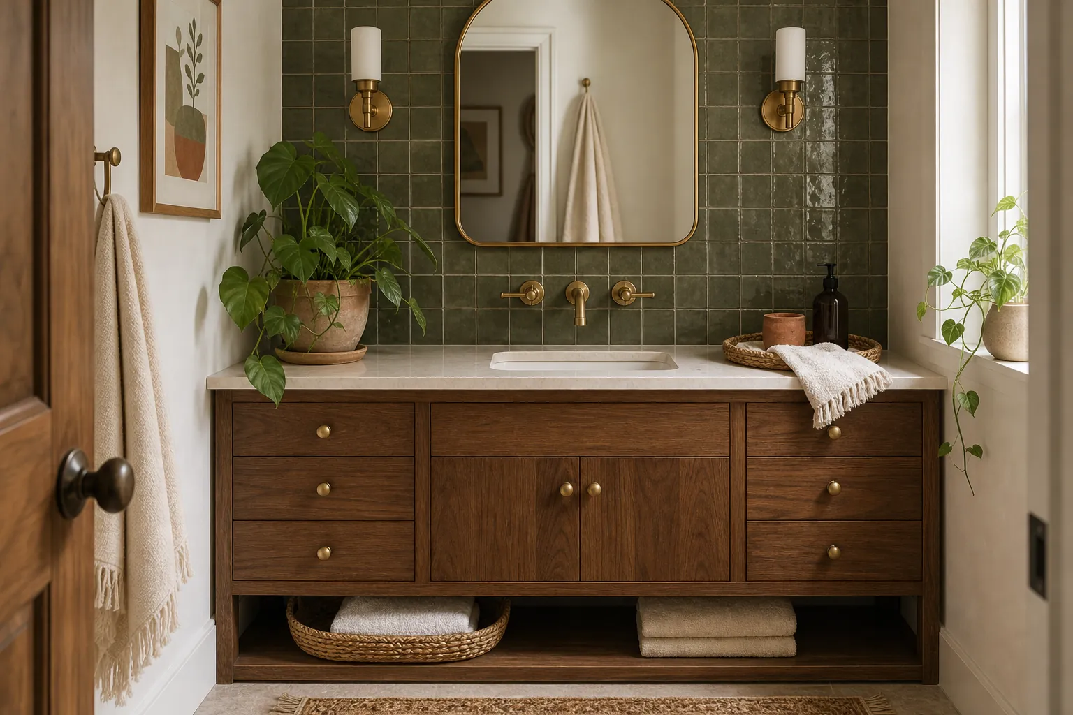 Green and wood boho bathroom with walnut vanity, olive tile, brass, and natural towels