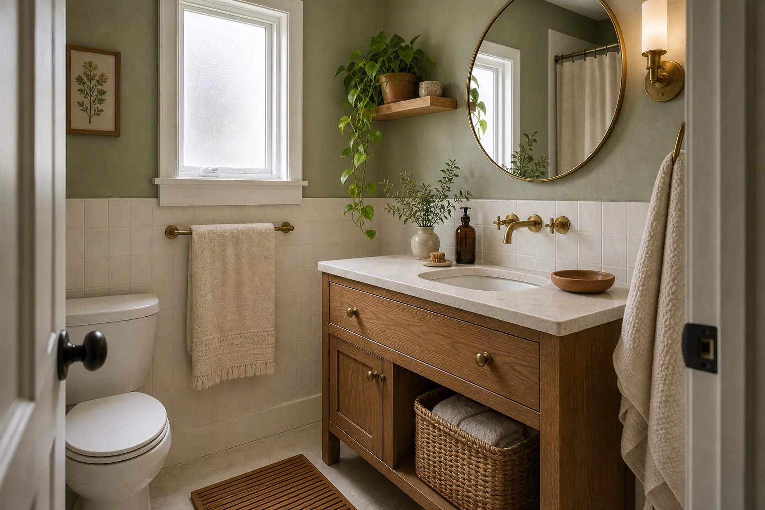 Small green boho bathroom with sage walls, cream tile, oak vanity, and woven basket