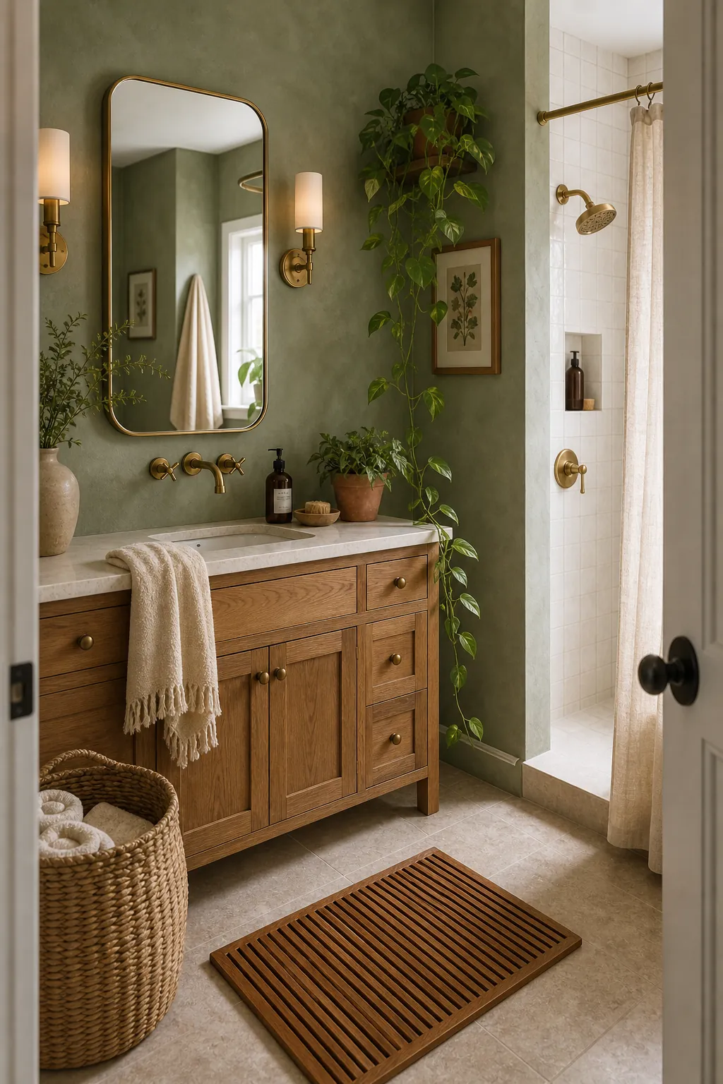 Boho green bathroom with sage plaster walls, warm wood vanity, woven texture, and brass fixtures