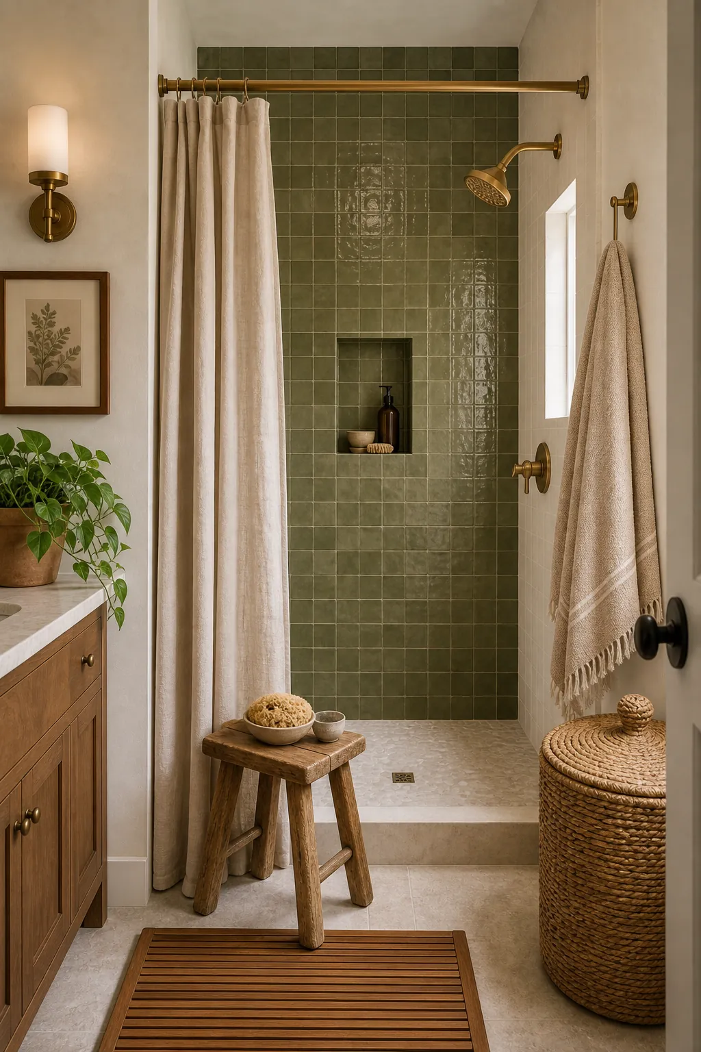 Olive green boho shower tile with cream plaster, brass shower fixture, linen curtain, and teak stool