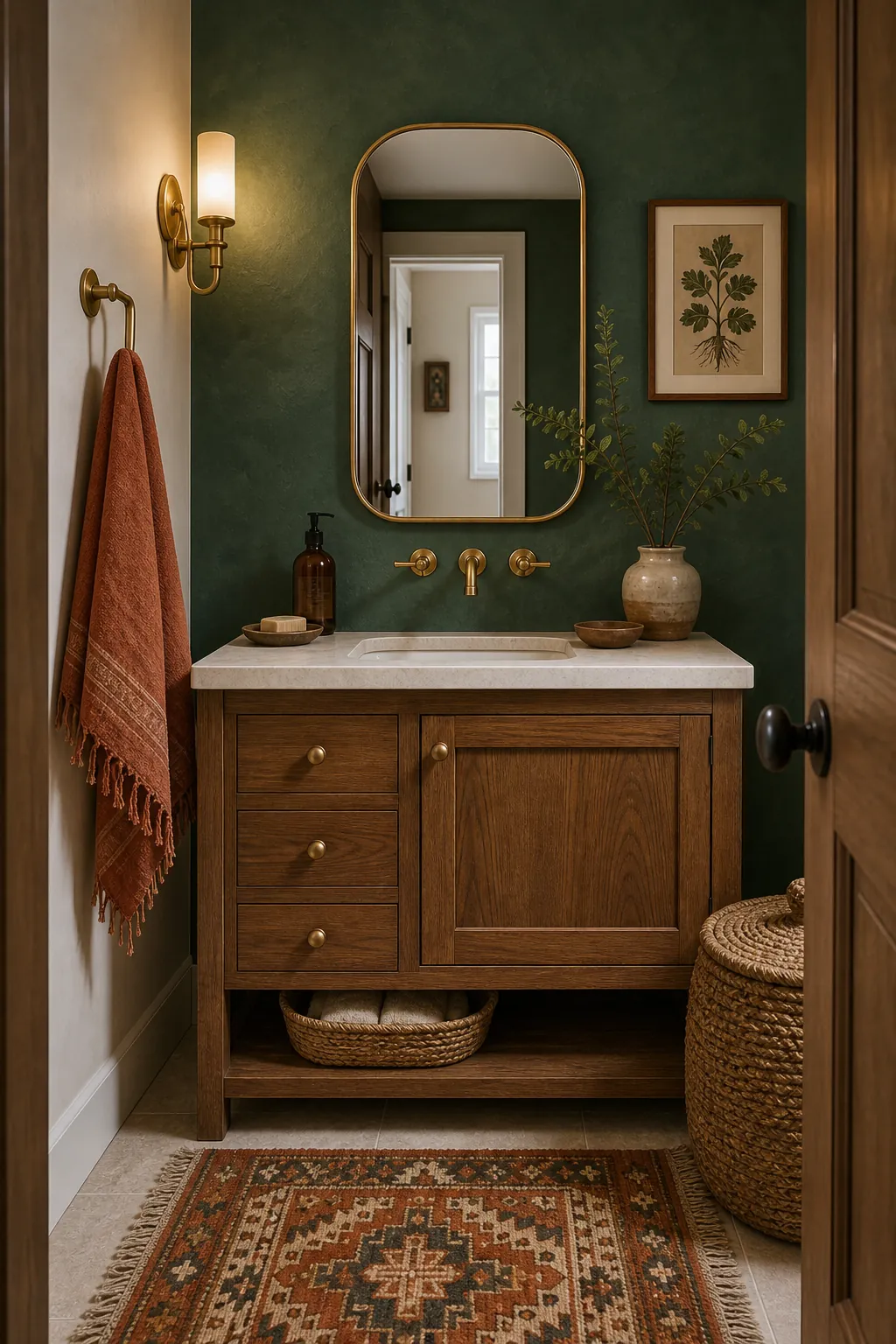 Colorful boho green bathroom with emerald accent wall, terracotta towels, patterned rug, and brass mirror