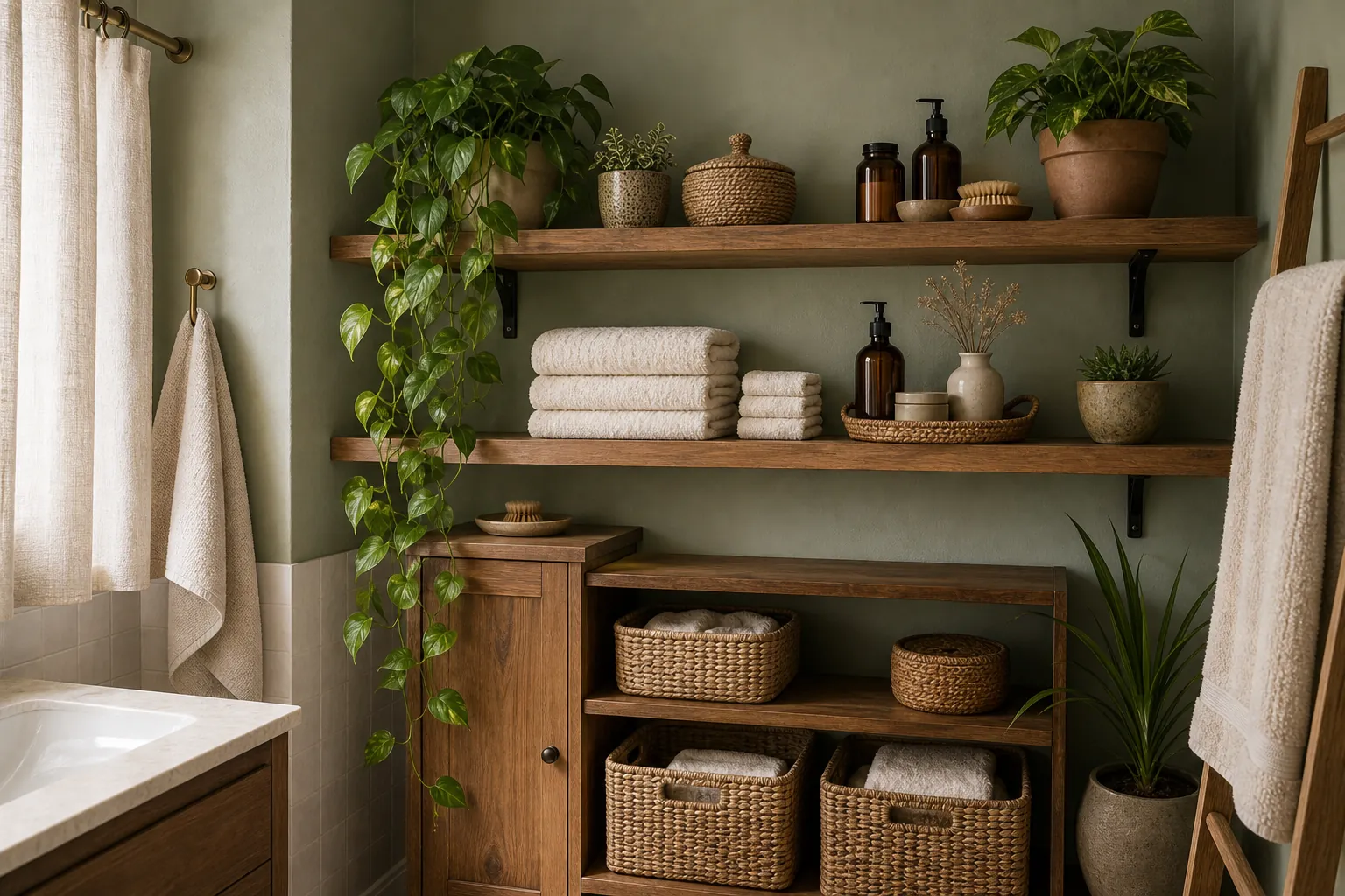 Green boho bathroom storage with plant shelf, woven baskets, cream towels, and warm wood cabinet