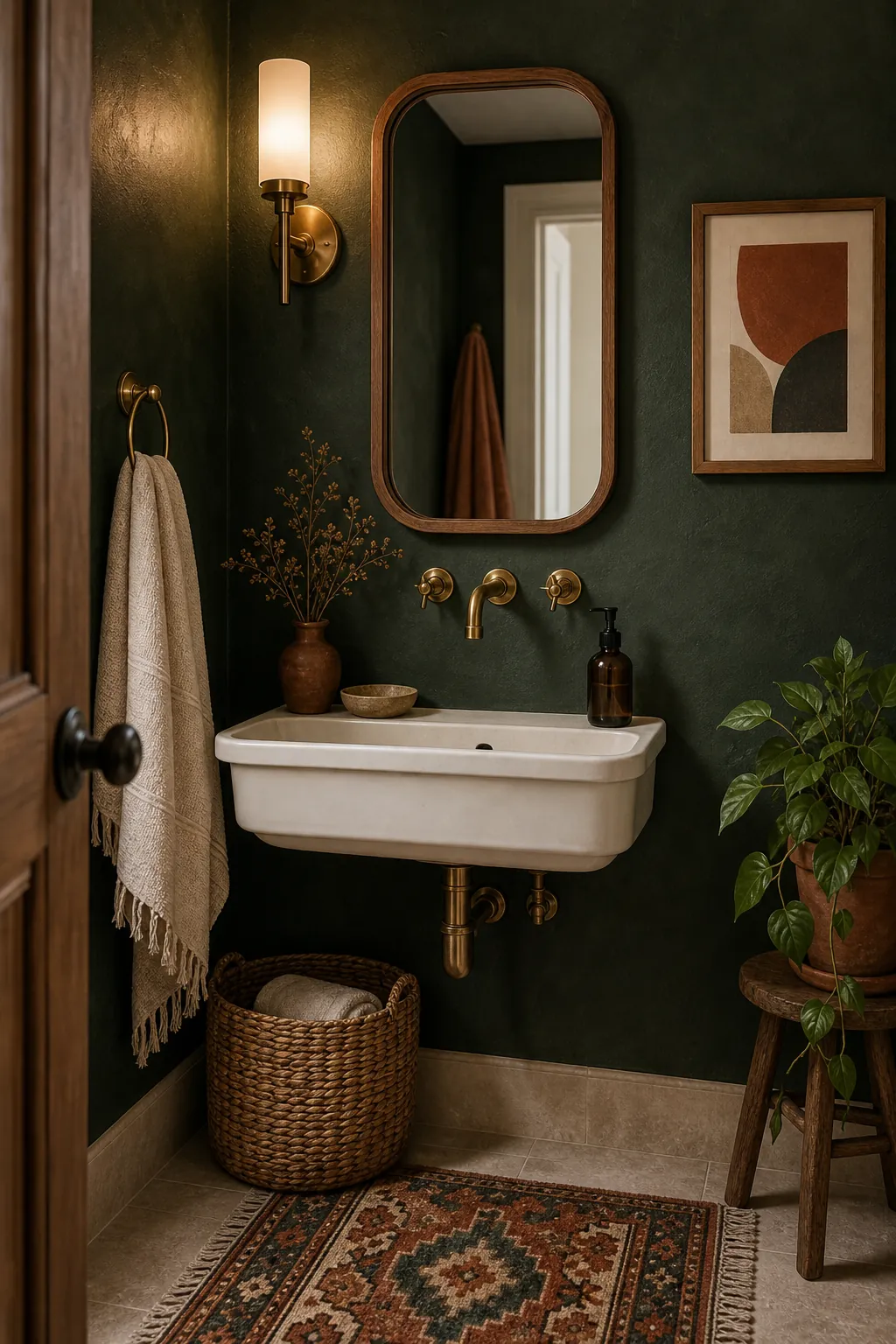 Dark green boho powder room with cream sink, brass sconce, wood mirror, terracotta art, and woven basket