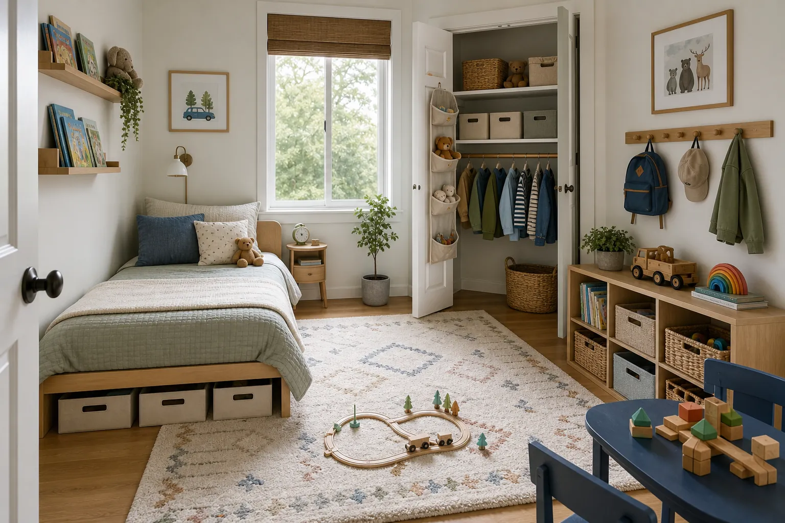 Organized small kids room with wall storage, under-bed bins, and open floor space without large furniture