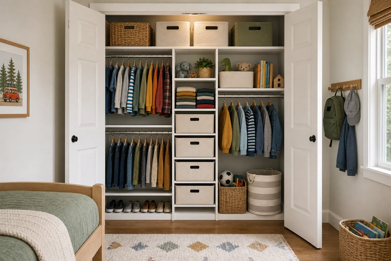 Small kids room closet organized with rods, drawers, shelves, and bins instead of a dresser